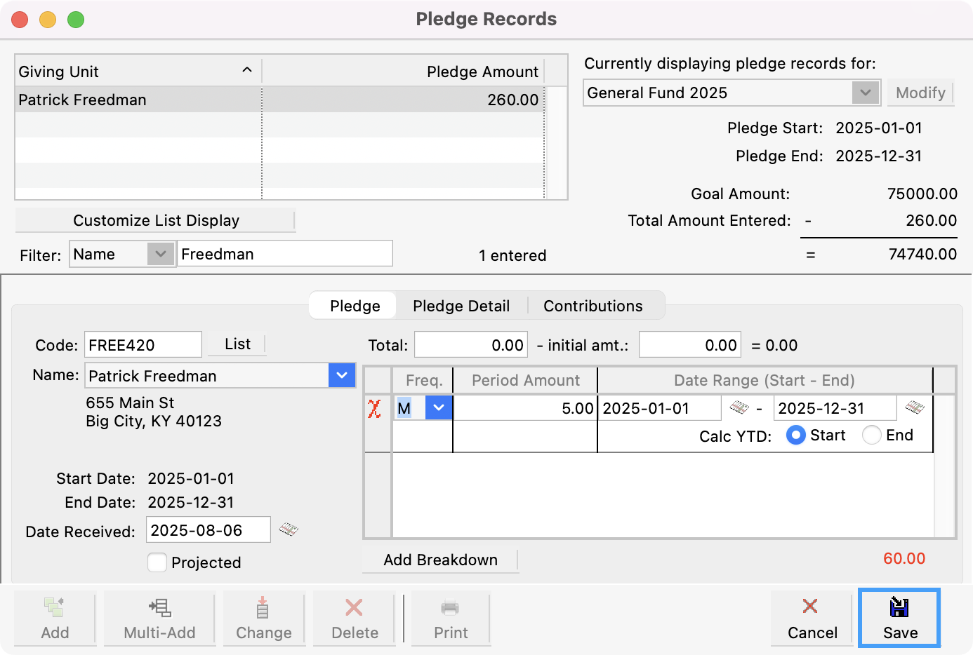 Pledge Records window with the Save button highlighted.