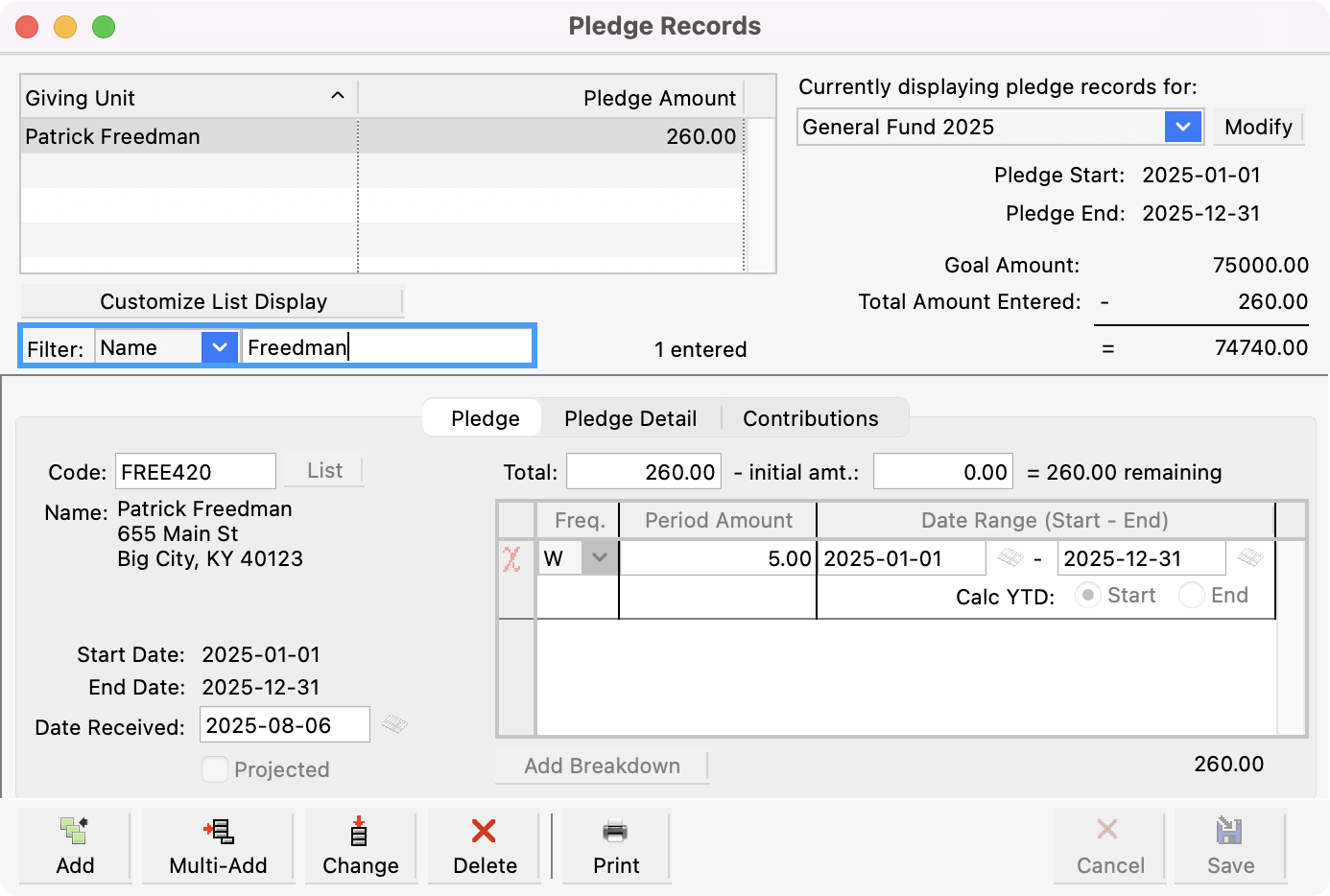 Pledge Records window with the Filter option highlighted.