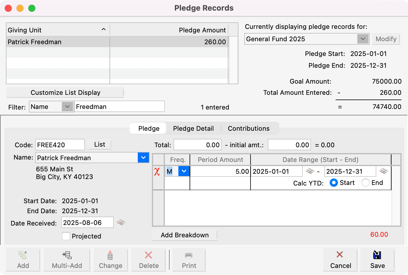 Pledge Records window in change mode. 