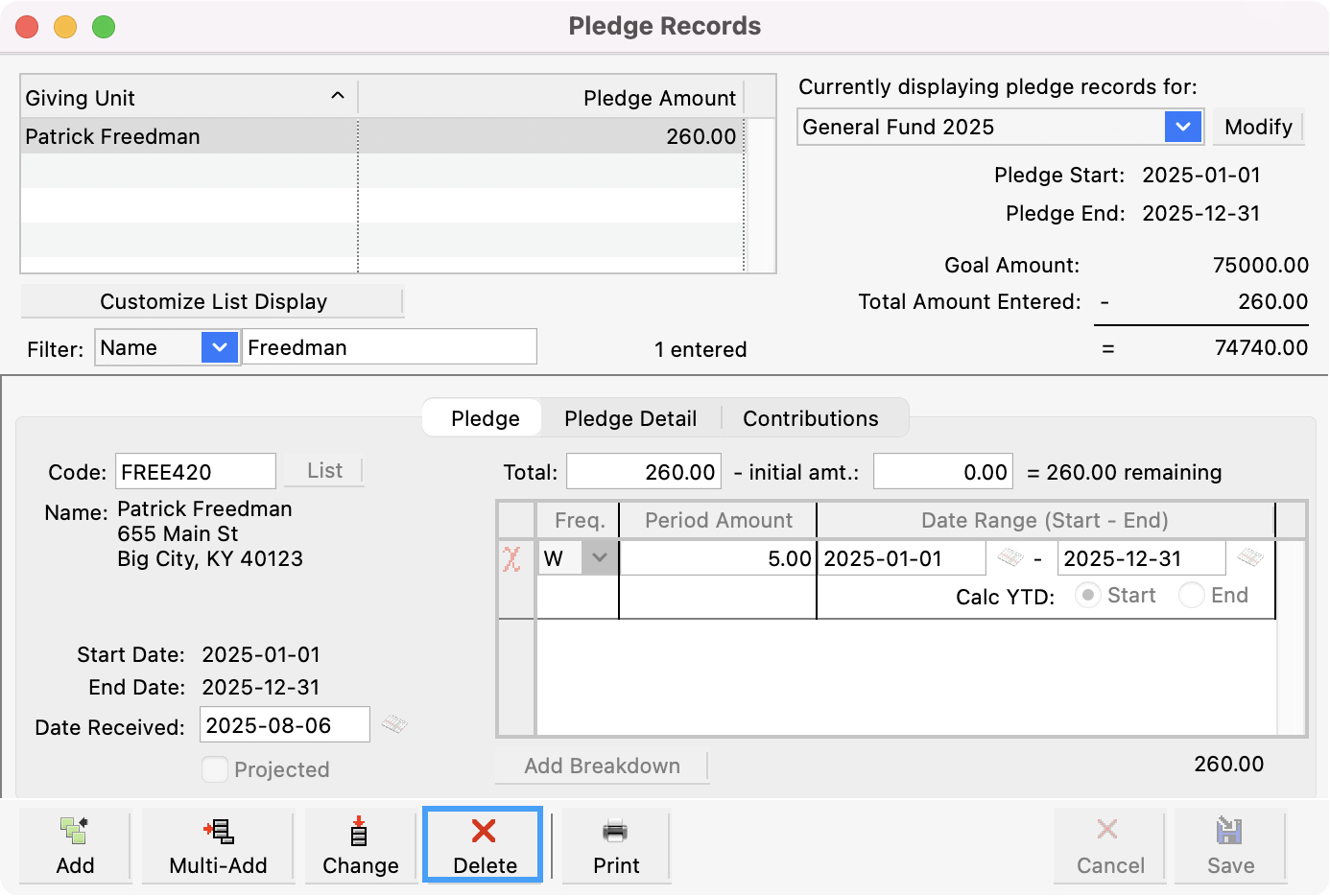 Pledge Records window with the Delete button at the bottom highlighted. 
