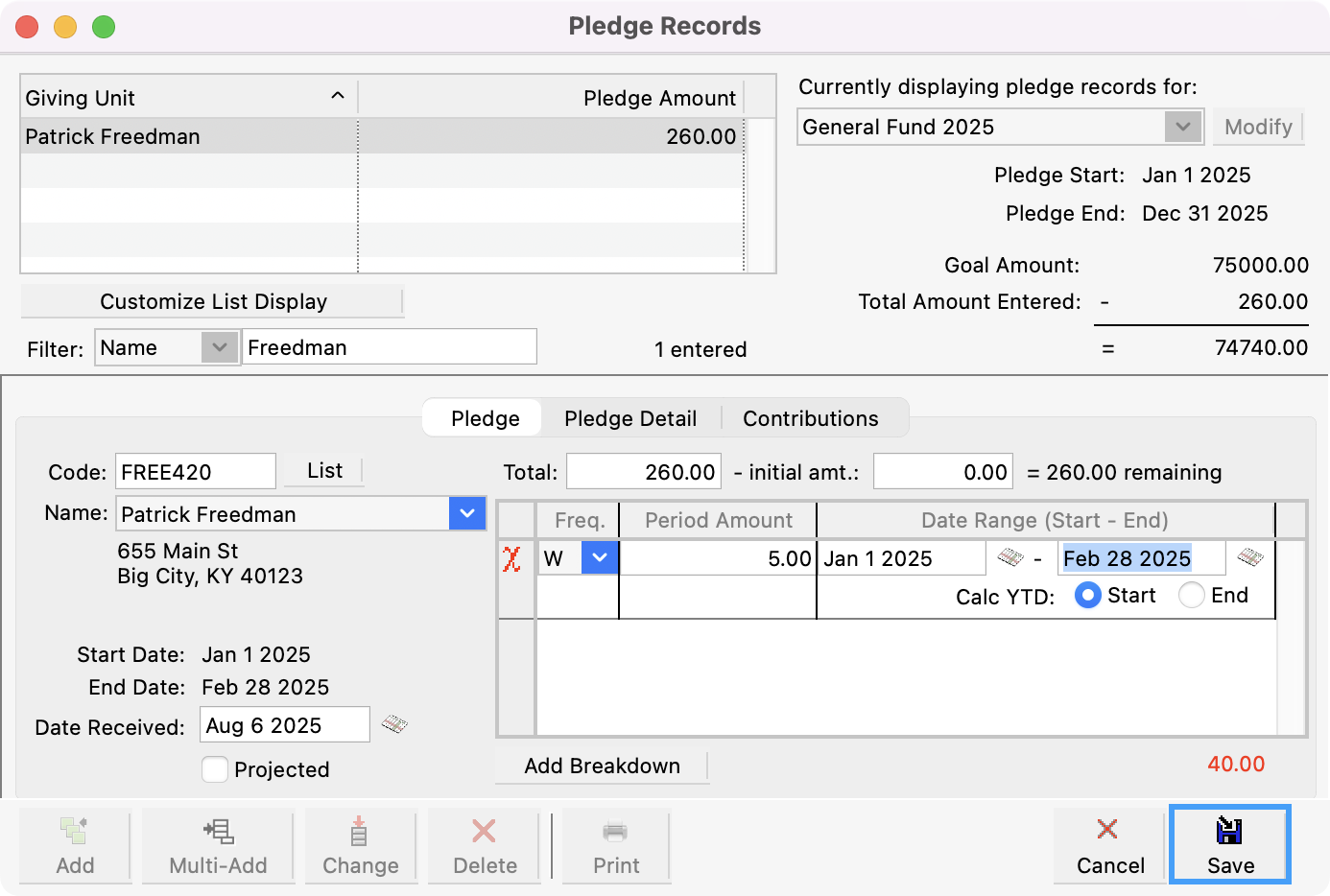 Pledge Records window with the Save button highlighted at the bottom.