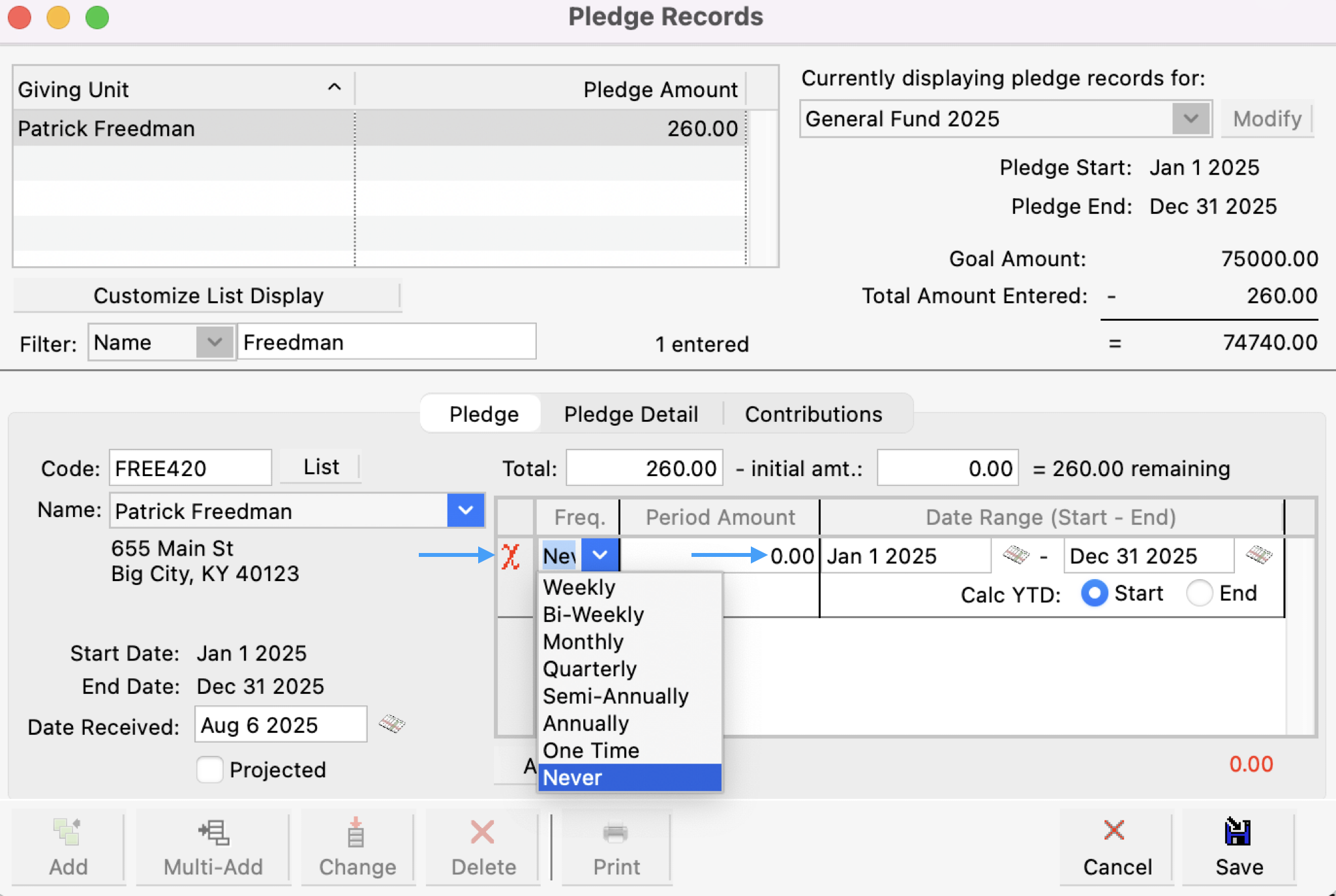 Pledge Record window with an arrow pointing to the pledge frequency and period amount fields. 