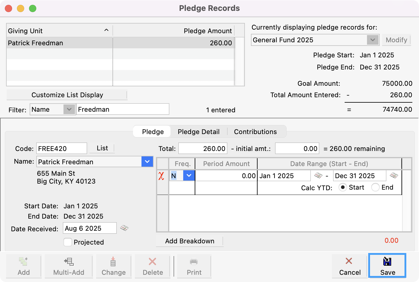 Pledge records window with the Save button at the bottom highlighted.