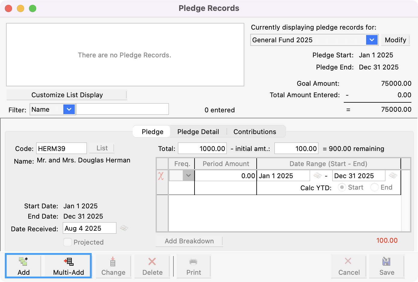 Pledge Records window with Add and Multi-Add buttons highlighted in the bottom left-hand corner.