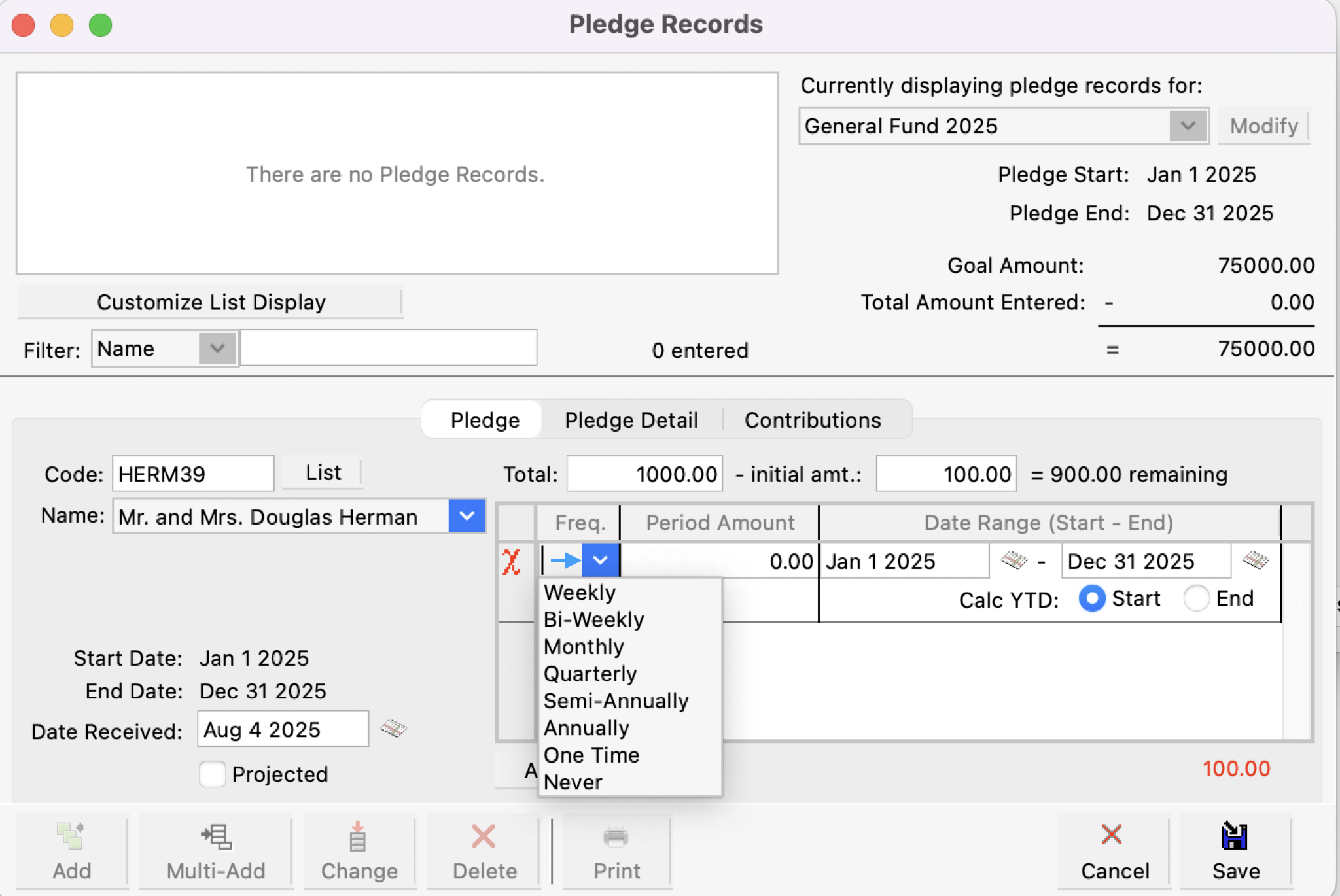 Pledge Records window with an arrow pointing to the Frequency drop-down field.