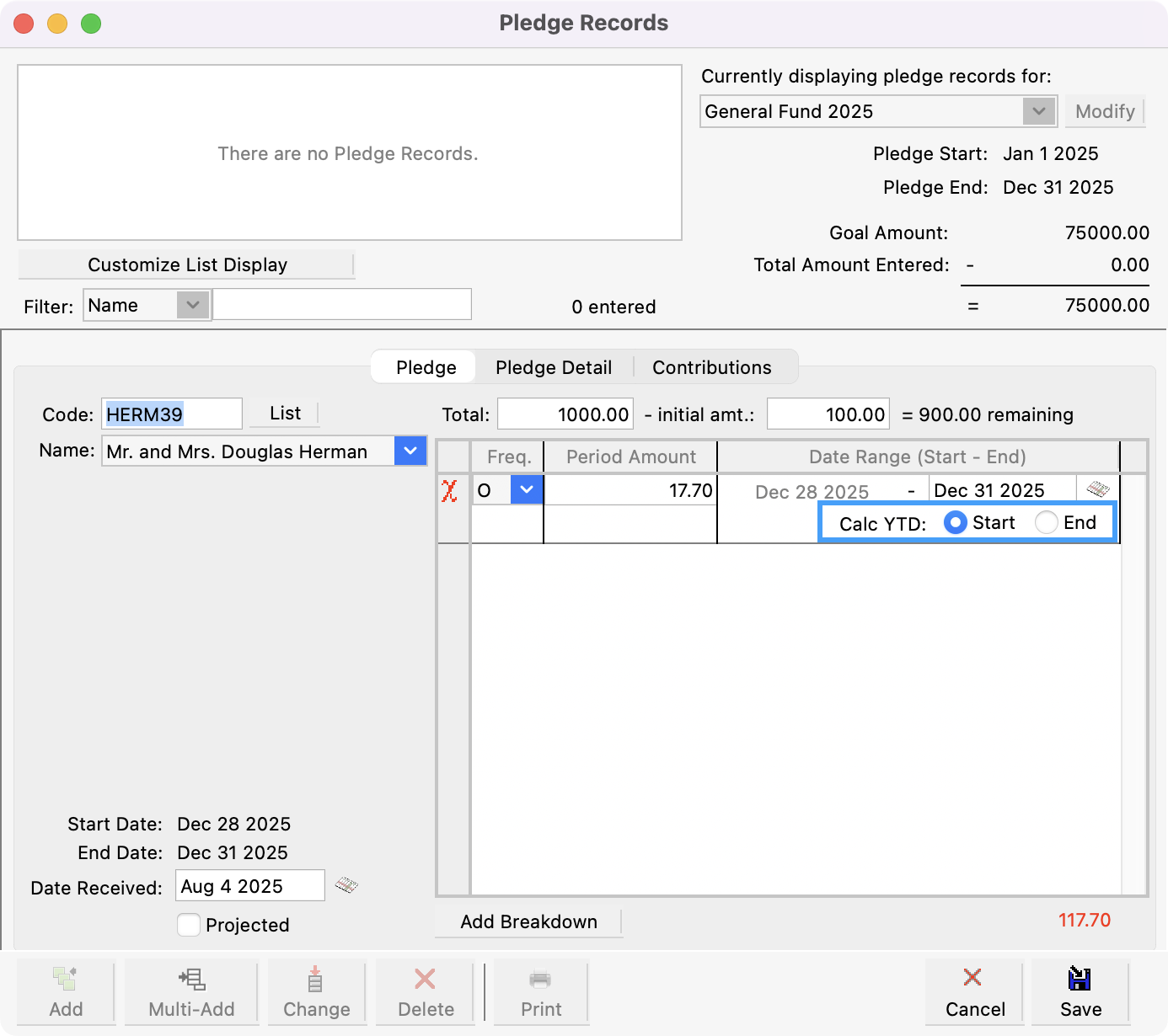 Pledge records window with Calc YTD fields highlighted.