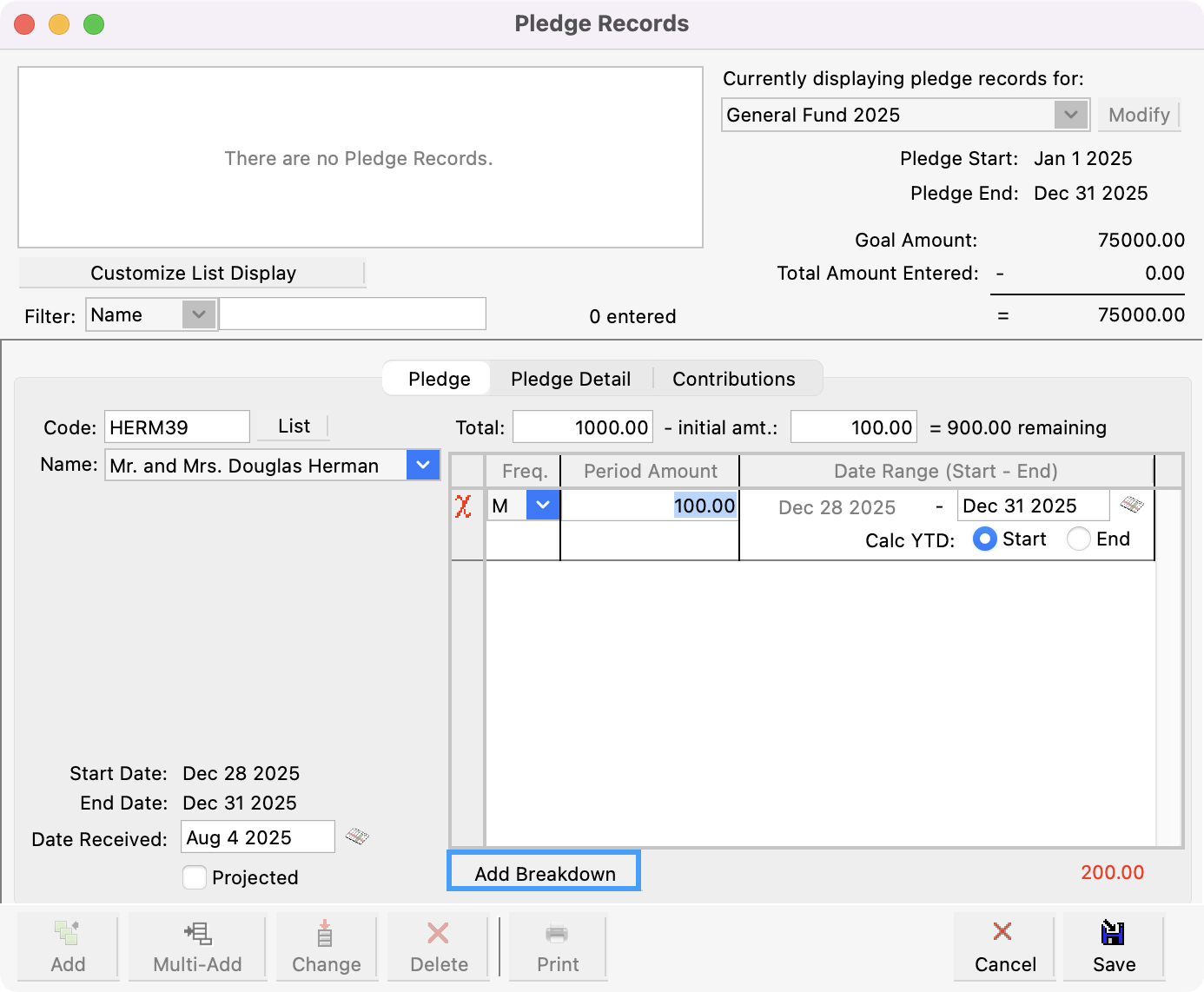 Pledge record window with the Add Breakdown button highlighted.