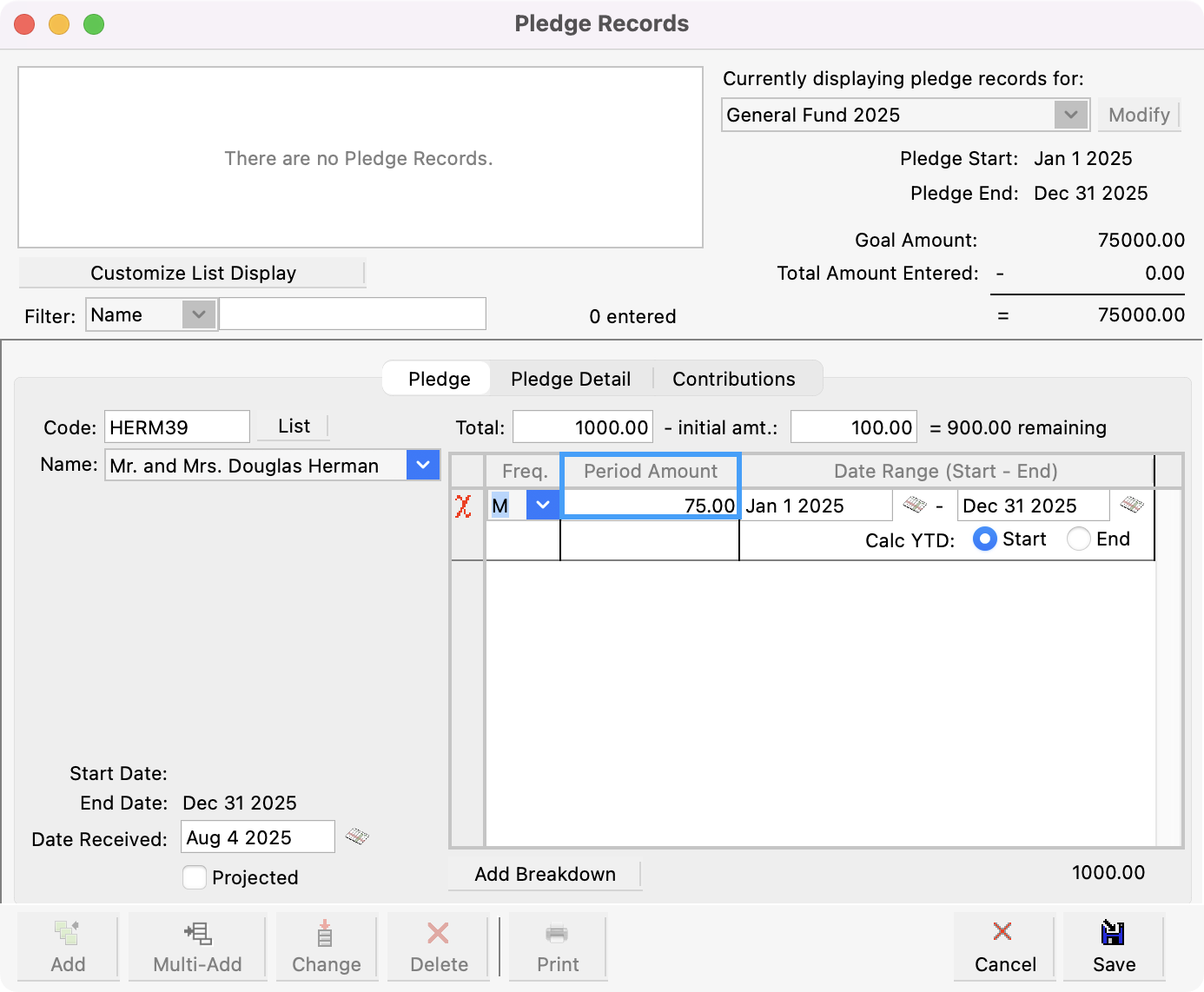Pledge records window with Period Amount field highlighted.