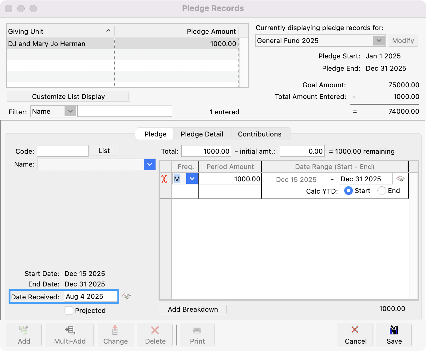 Pledge Records window with Date Received field highlighted.