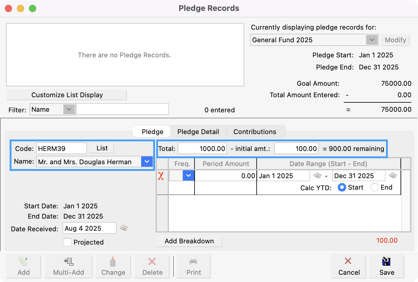 Pledge Records window with the Giving Unit fields, Total, and Initial amt fields highlighted. 
