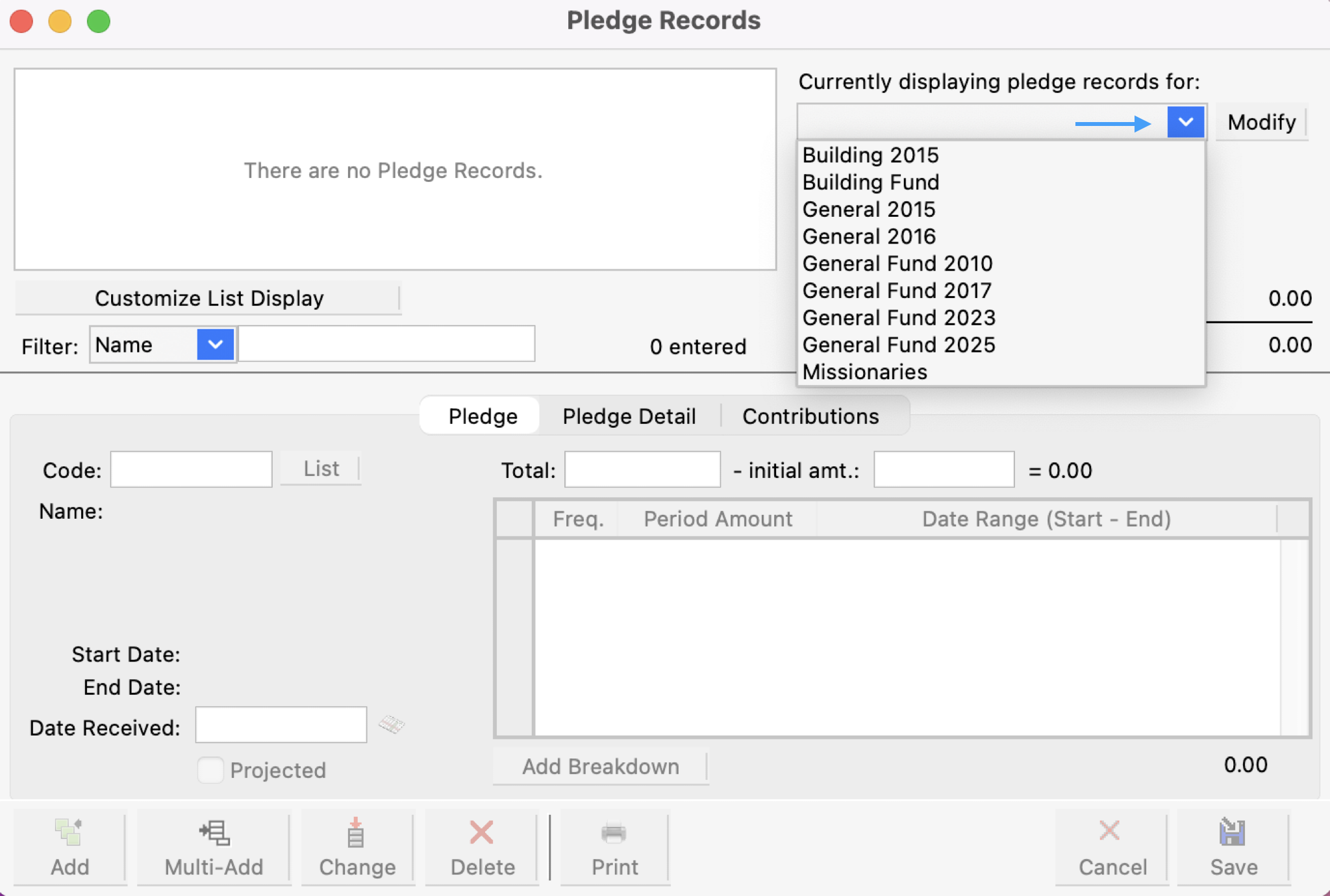 Pledge Records window with arrow pointing to the Currently displaying pledge records for drop-down field.