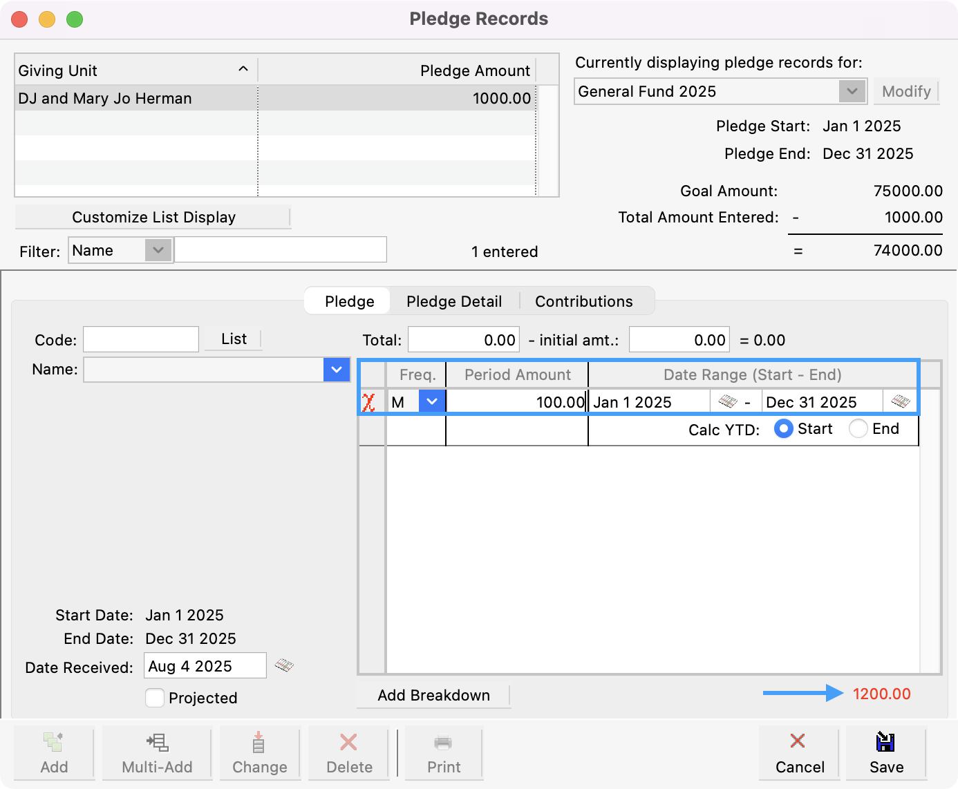 Pledge records window with Freq, Period Amount, Date Range, and Total highlighted.