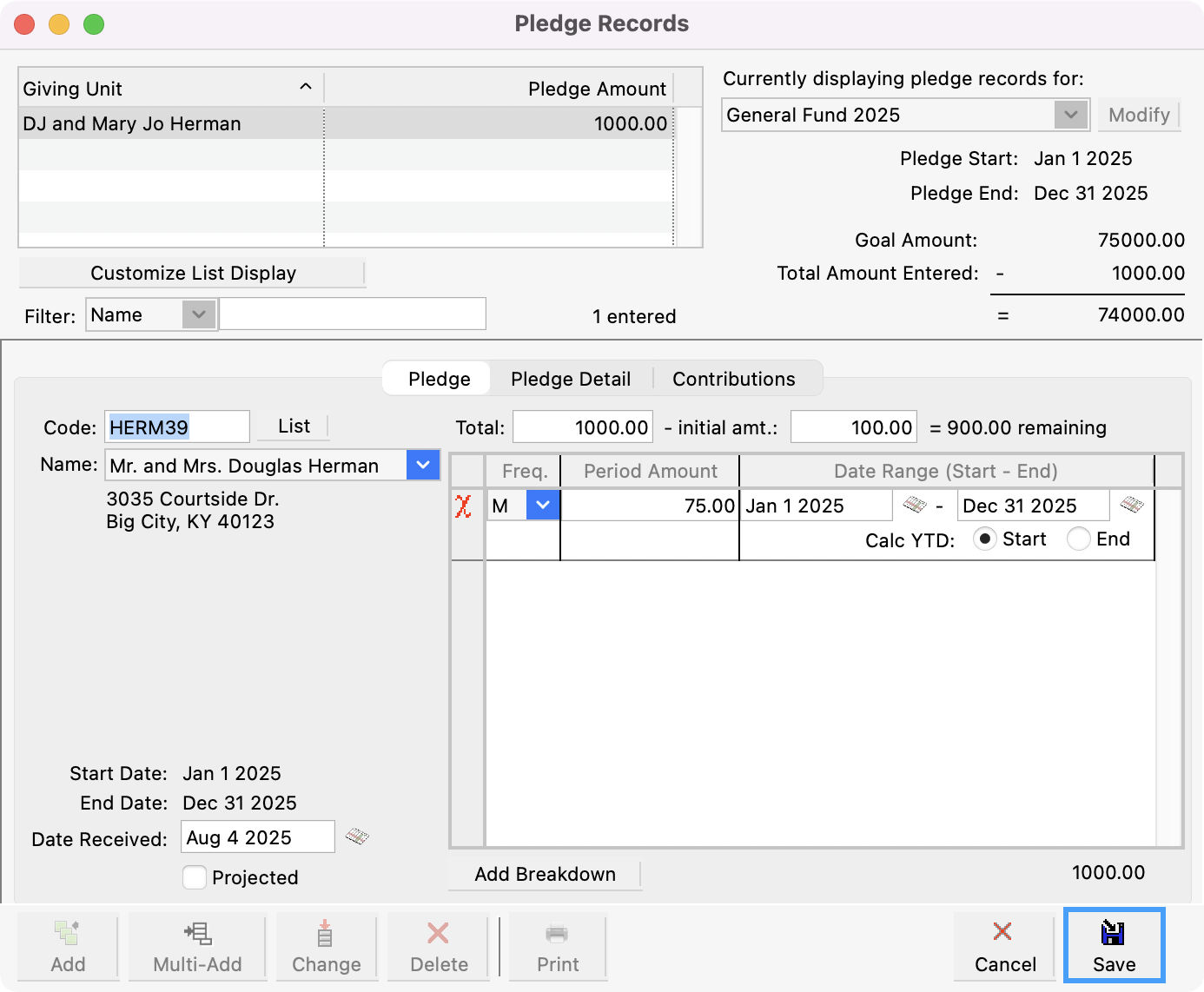 Pledge Records window with save in the bottom right-hand corner highlighted.