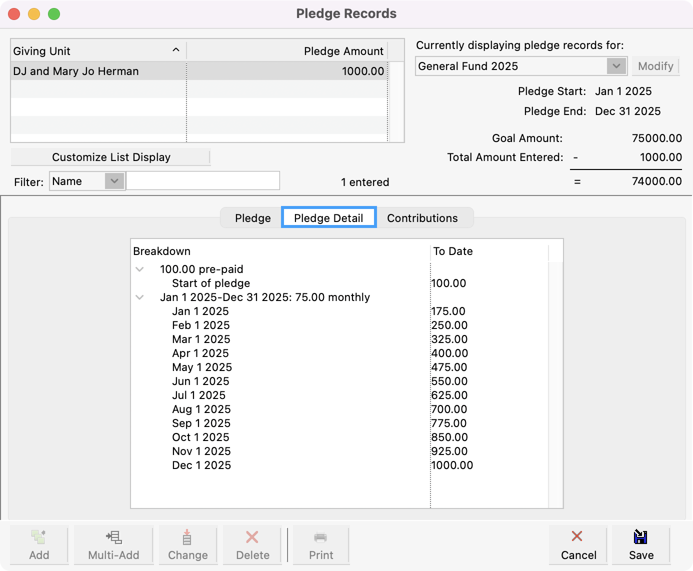 The Pledge Records window with the Pledge Detail tab highlighted.