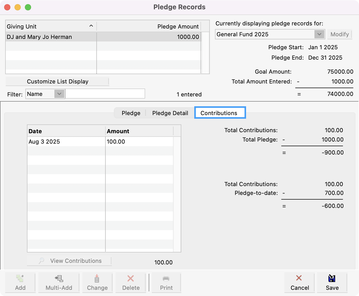 Pledge Records window with the Contributions tab highlighted.