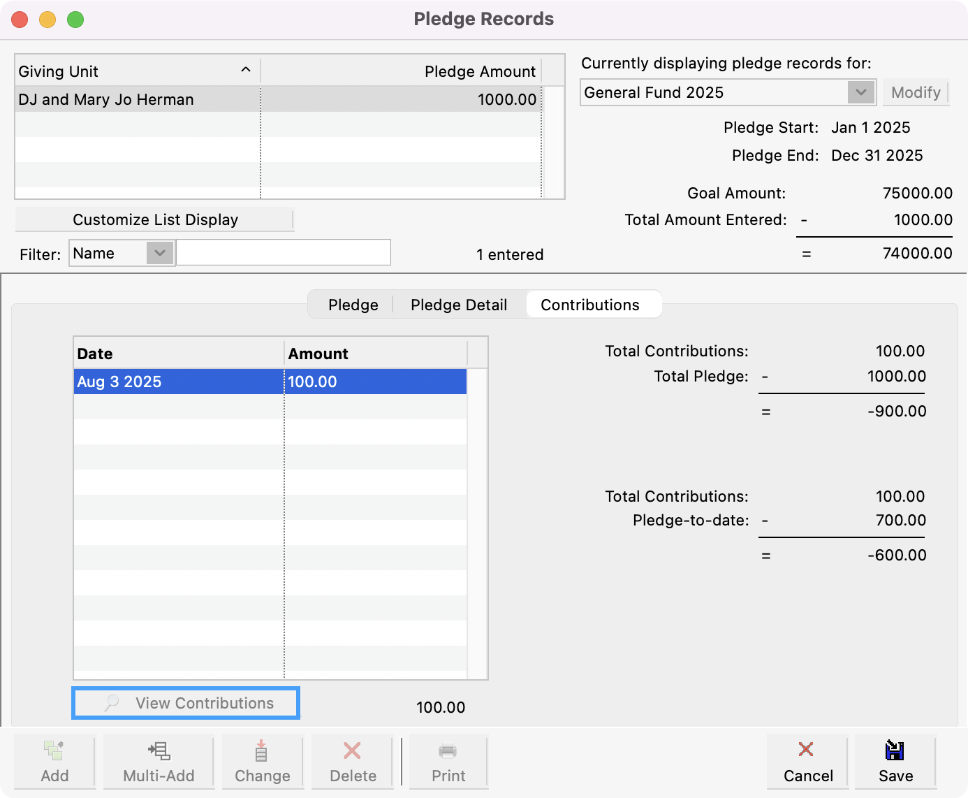 Pledge Records window with the View Contributions button highlighted.