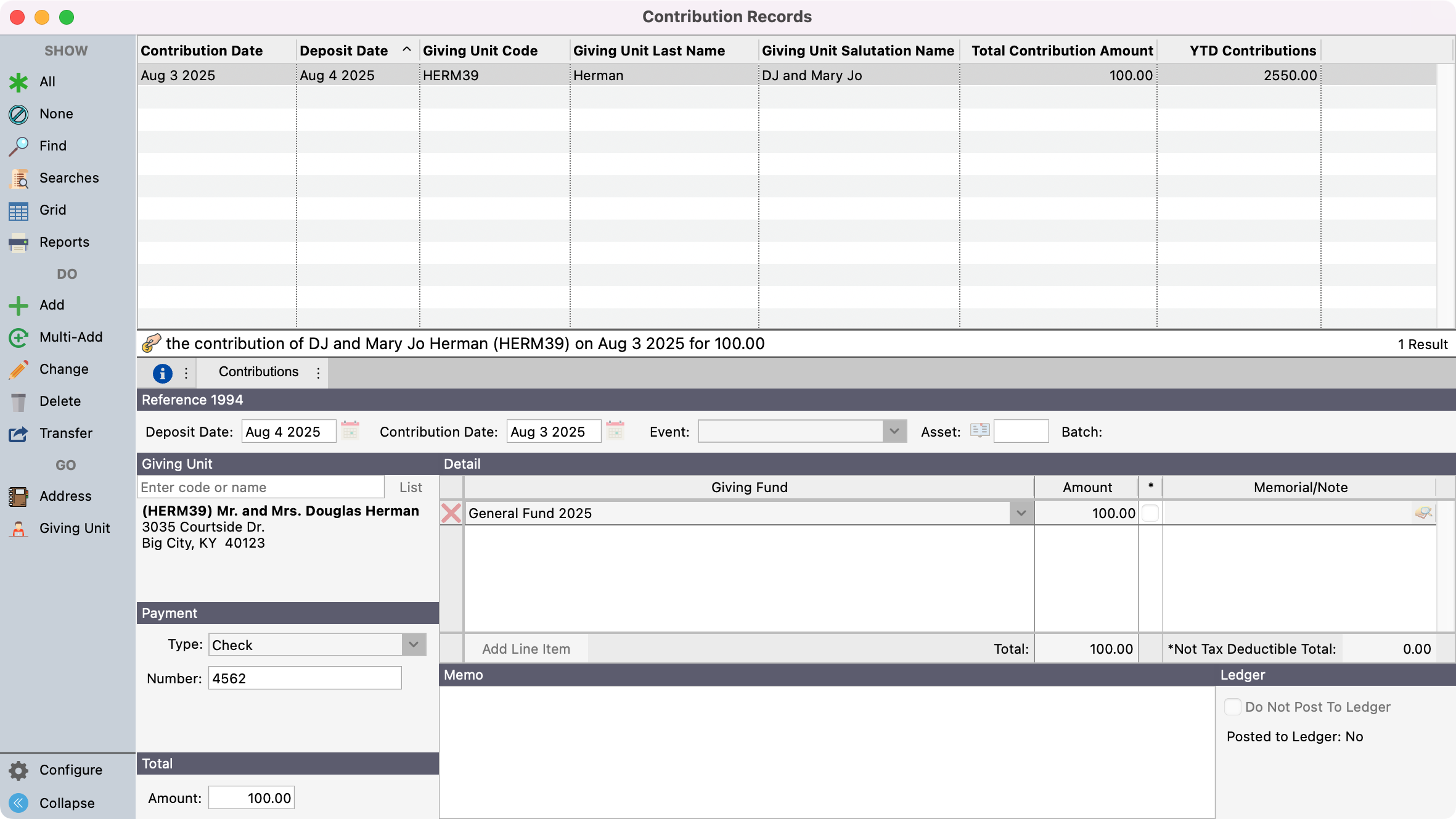 An example of the Contribution Records window showing the details of the pledge contribution.
