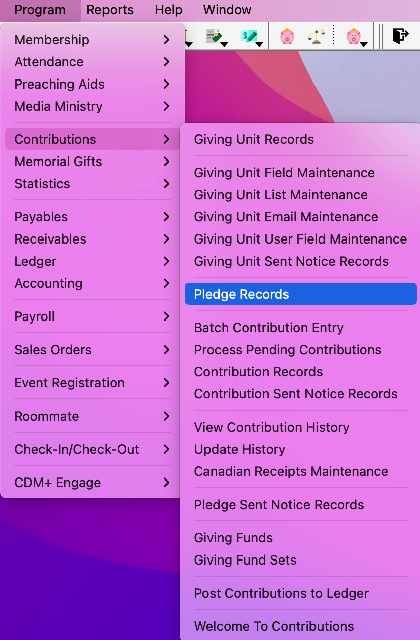 Navigation path to Pledge Records.