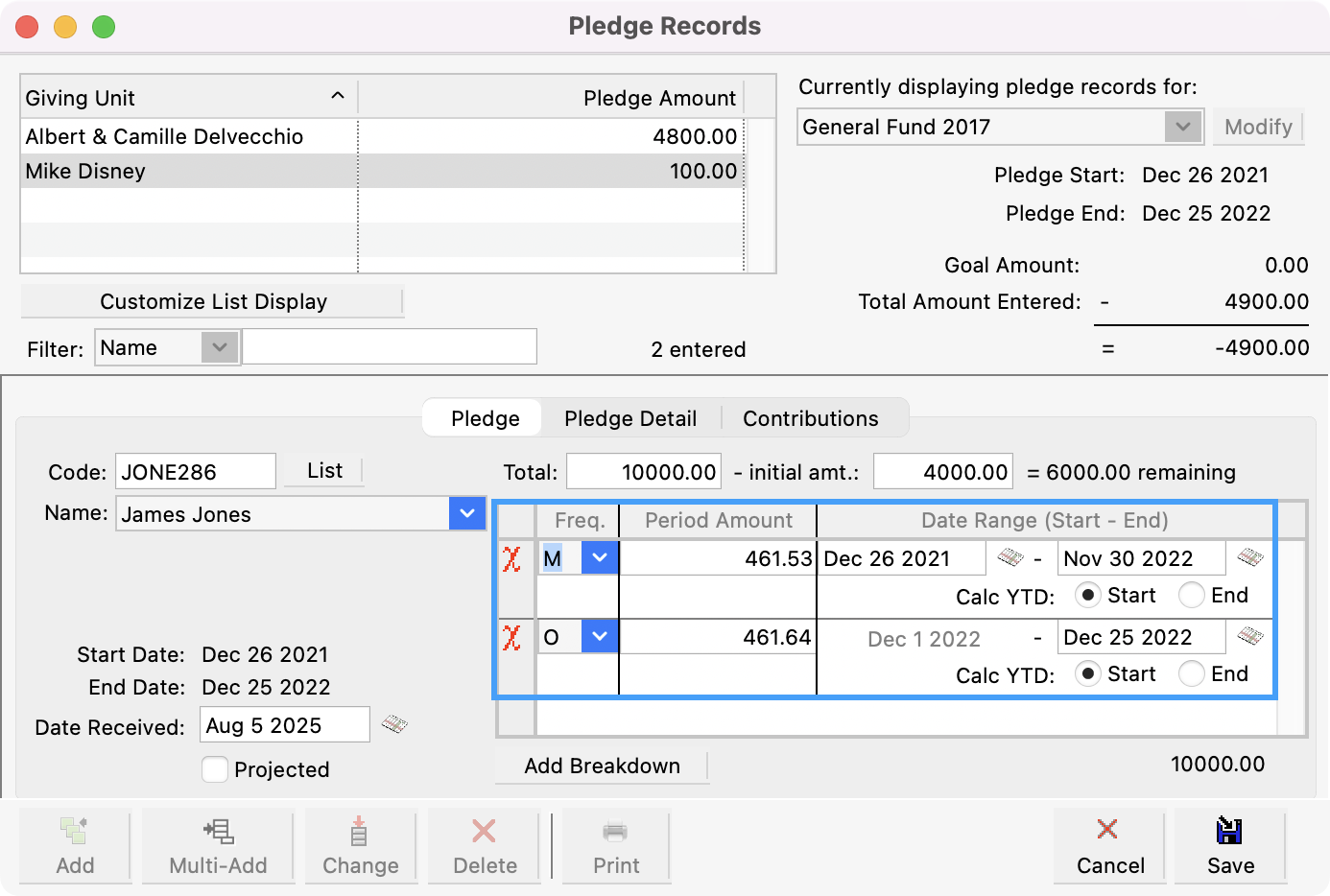 Pledge record window highlighting a period breakdown that does not divide equally.