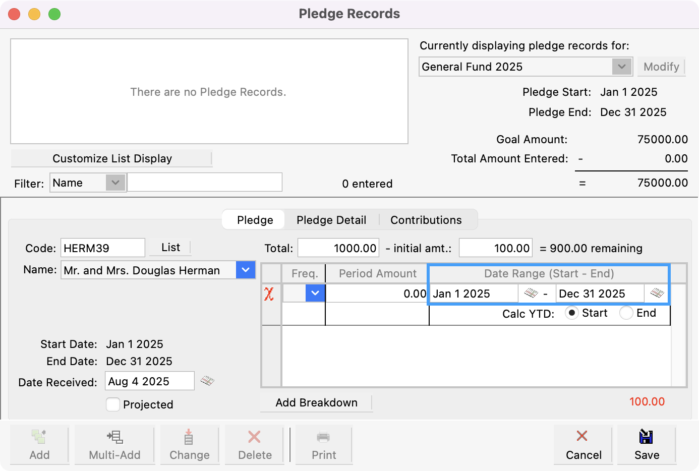 Pledge Records window with pledge date range highlighted.
