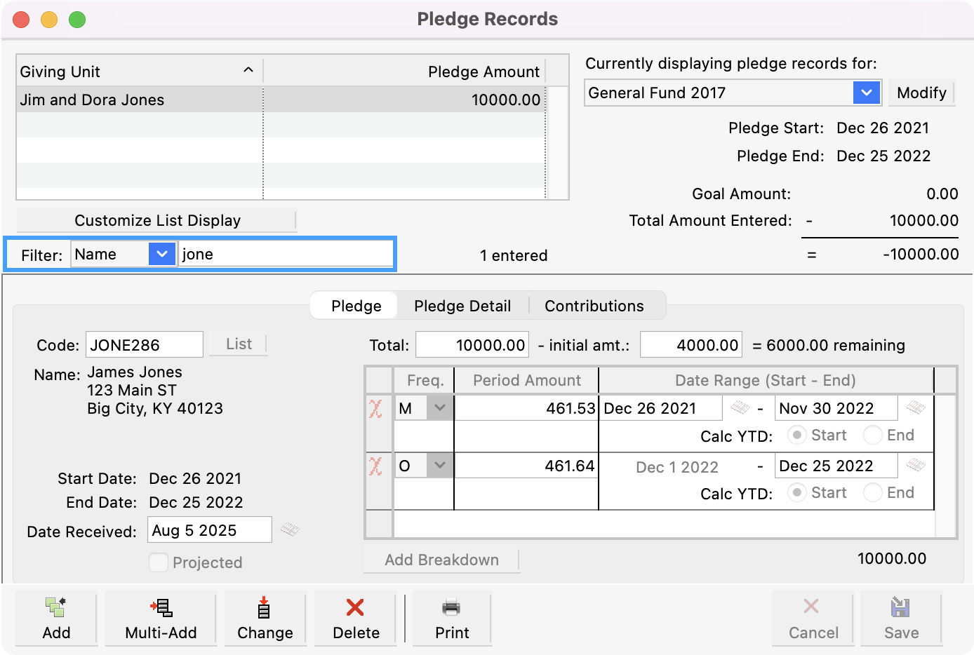 Pledge Records window highlighting the filter option on the left-hand side of the window.