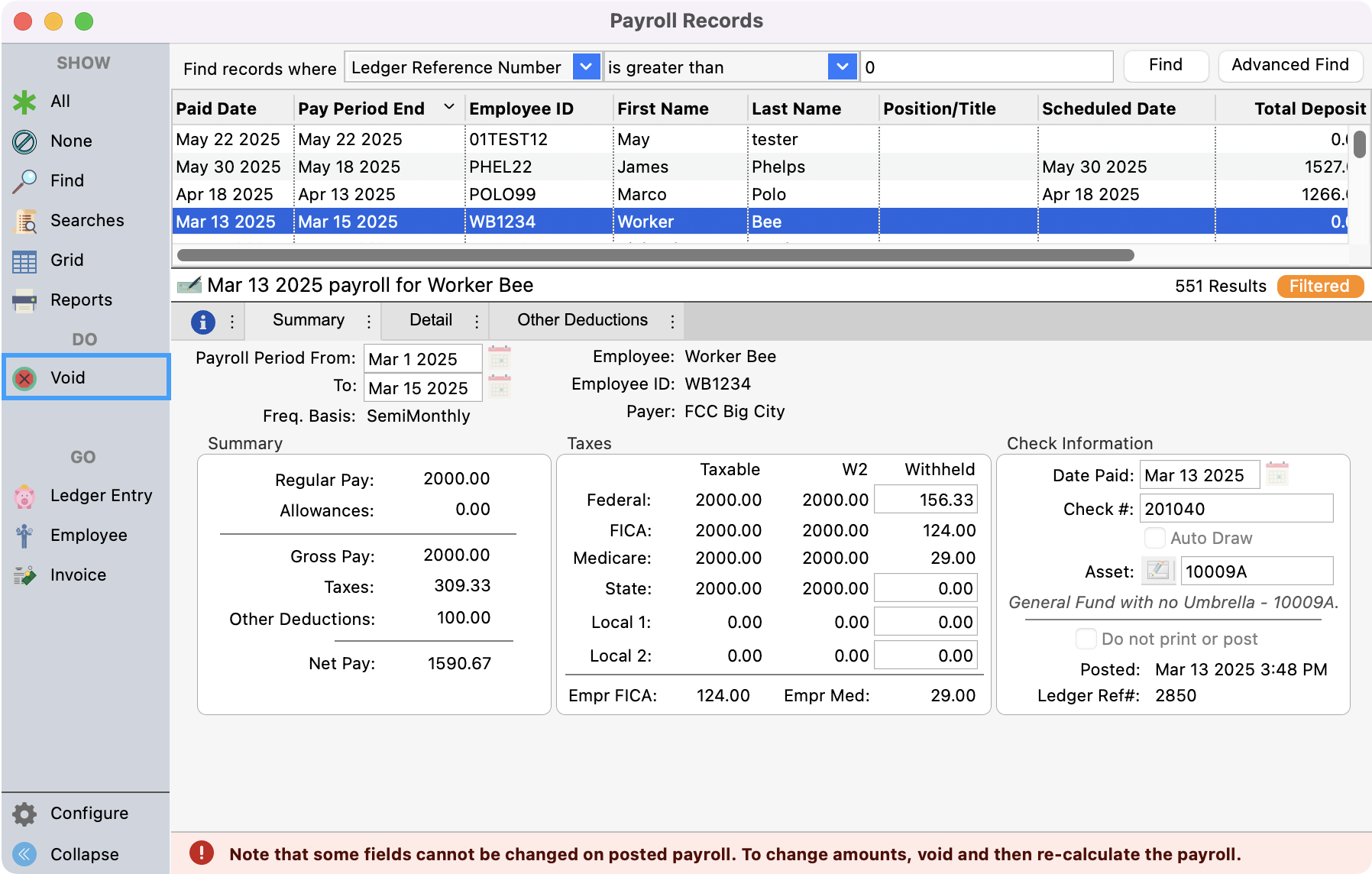 Payroll Records window with Void highlighted in the left sidebar.