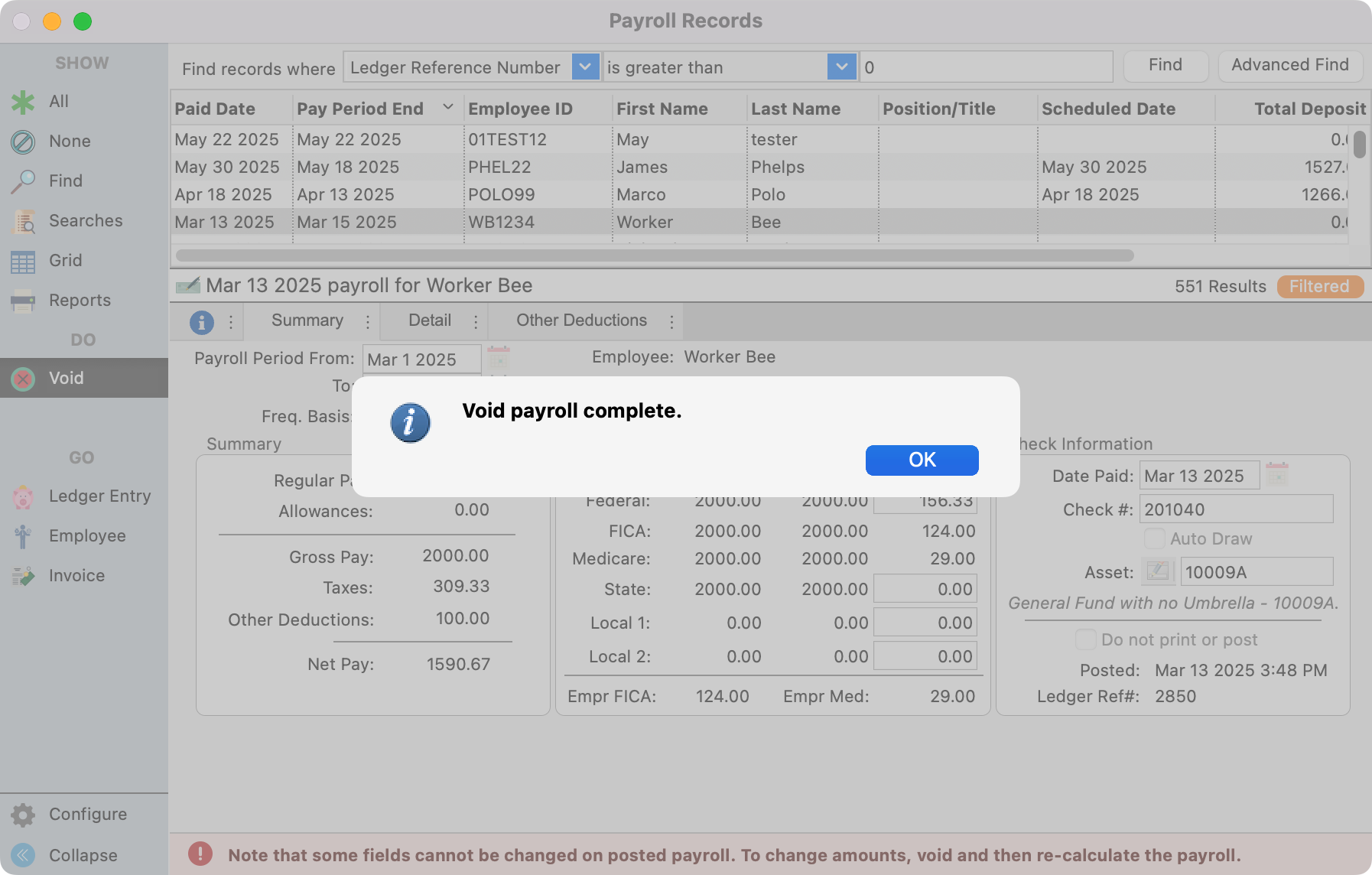 Void payroll complete message in the Payroll Records window.