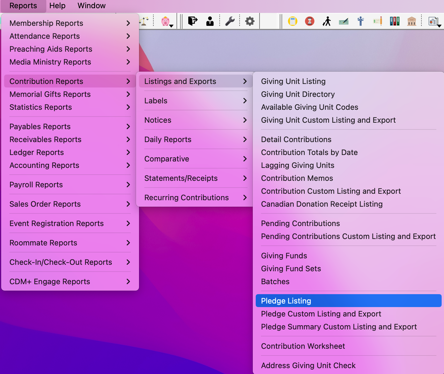 Navigation path to pledge listing report.