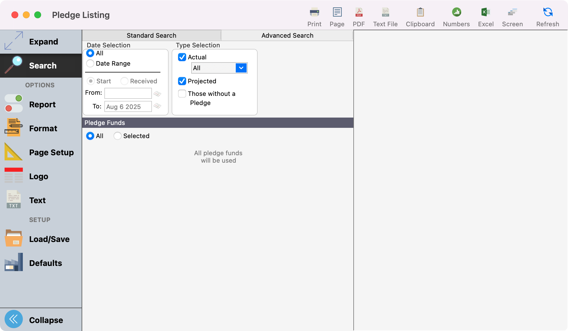 Pledge Listing Report window.