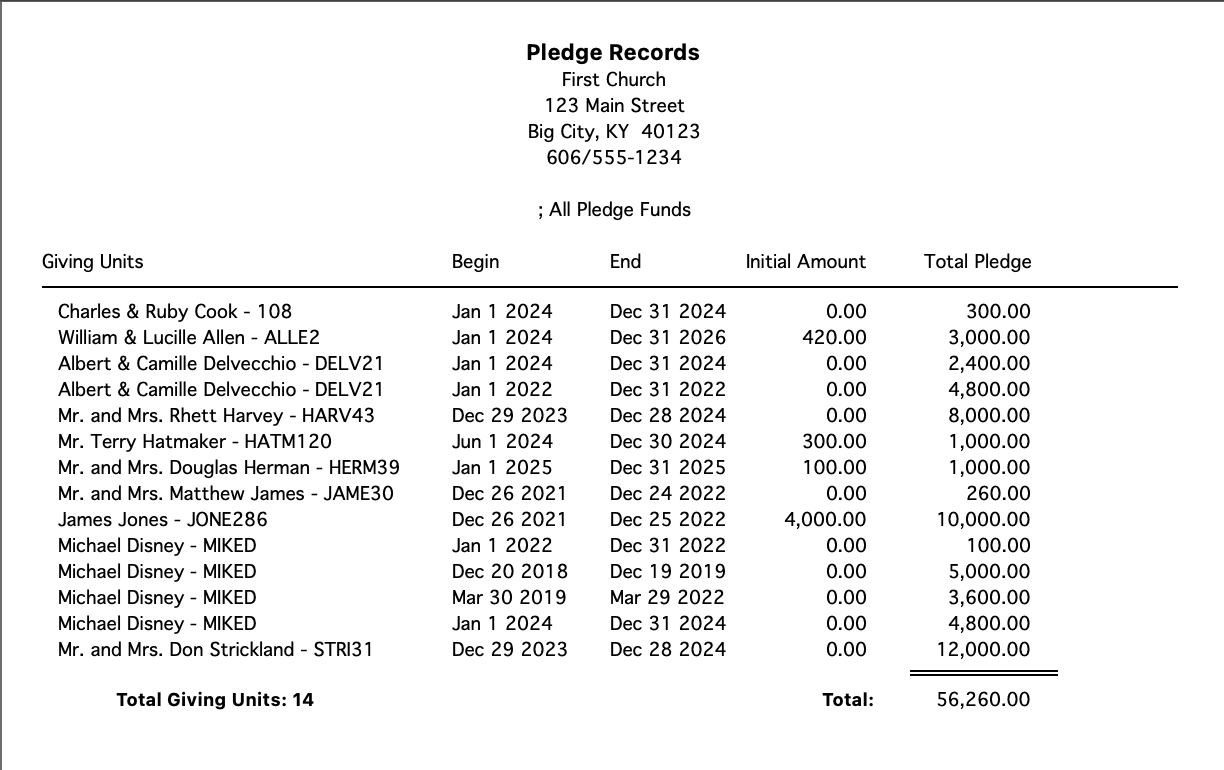 Sample of Pledge Records report.