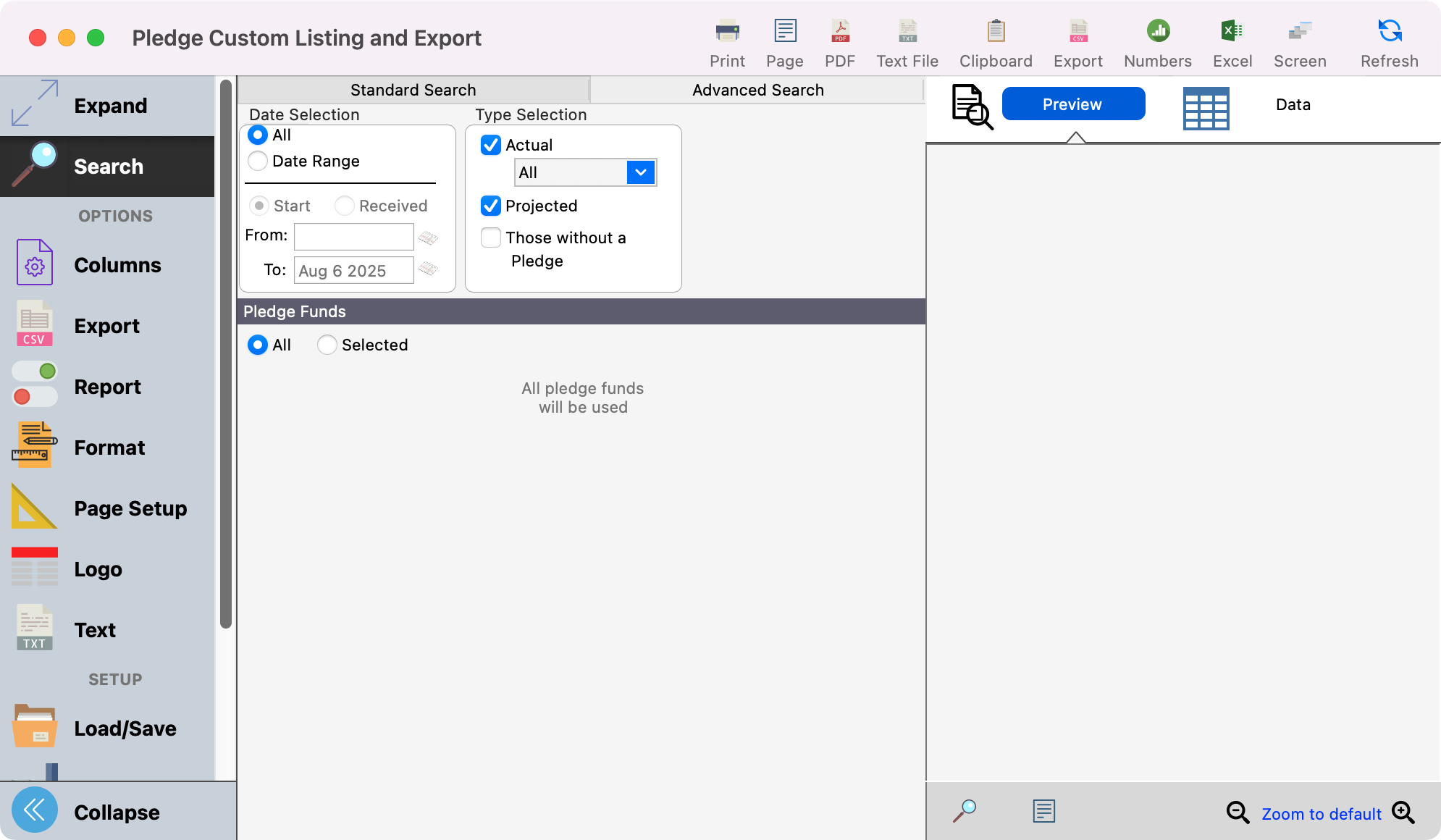 Pledge Custom Listing and Export window