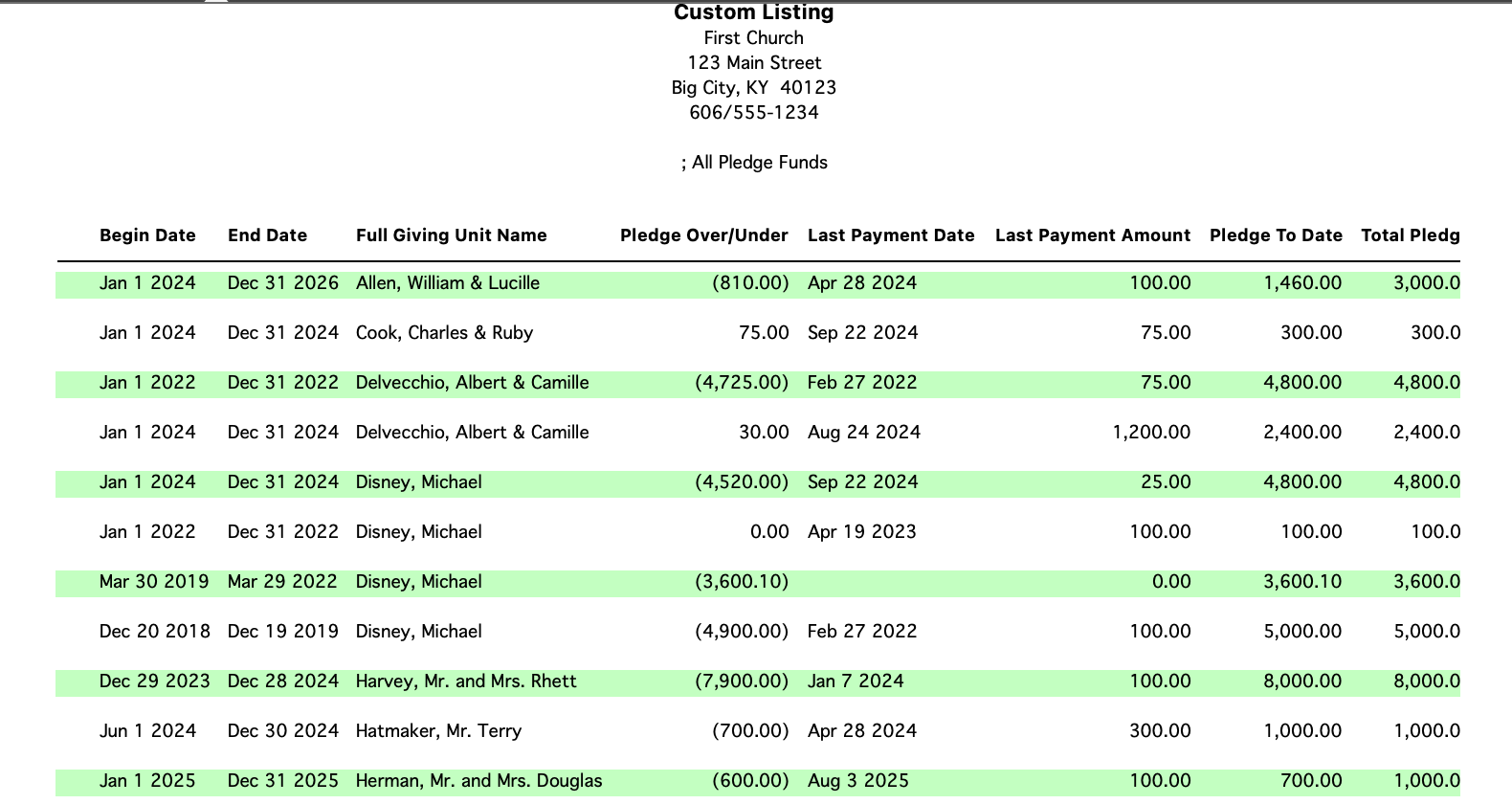 Sample Pledge Custom Listing Report