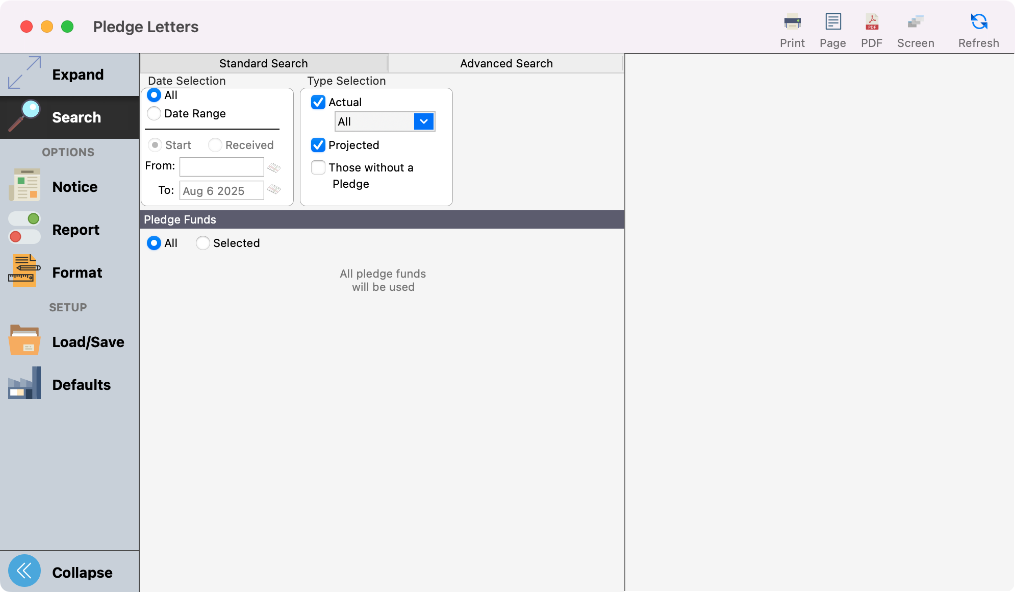 Pledge Letters report window.