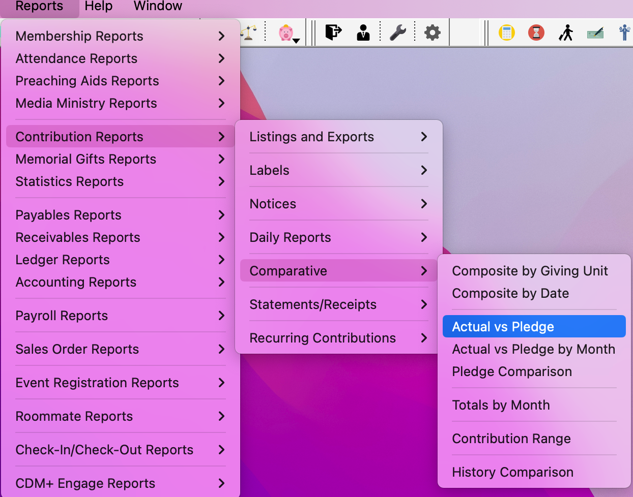 Navigation path to Actual vs Pledge