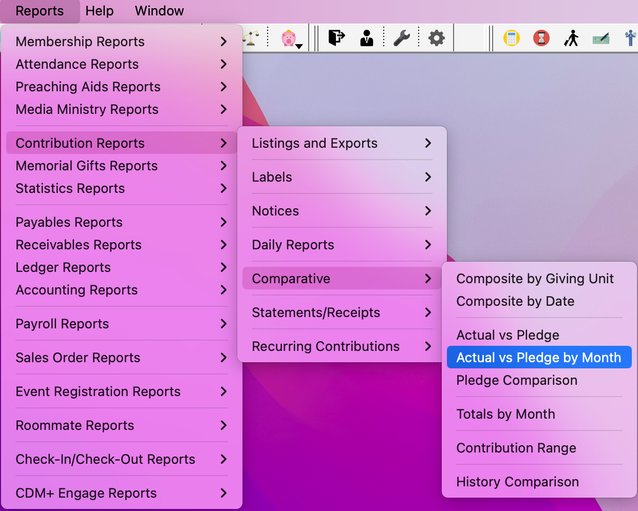 Navigation path to Actual vs Pledge by Month report.