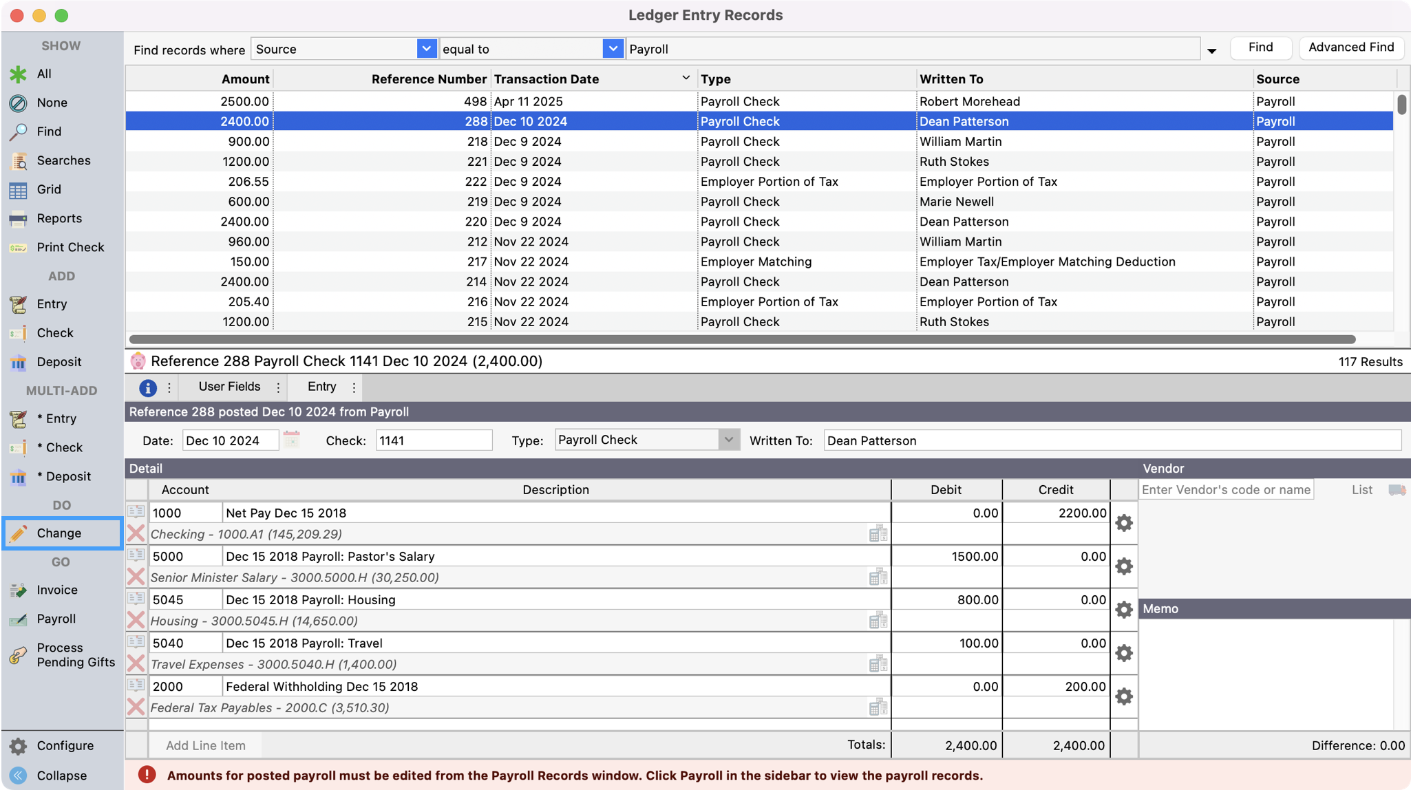 Ledger Entry Records window with a record selected and Change highlighted in the left sidebar. 