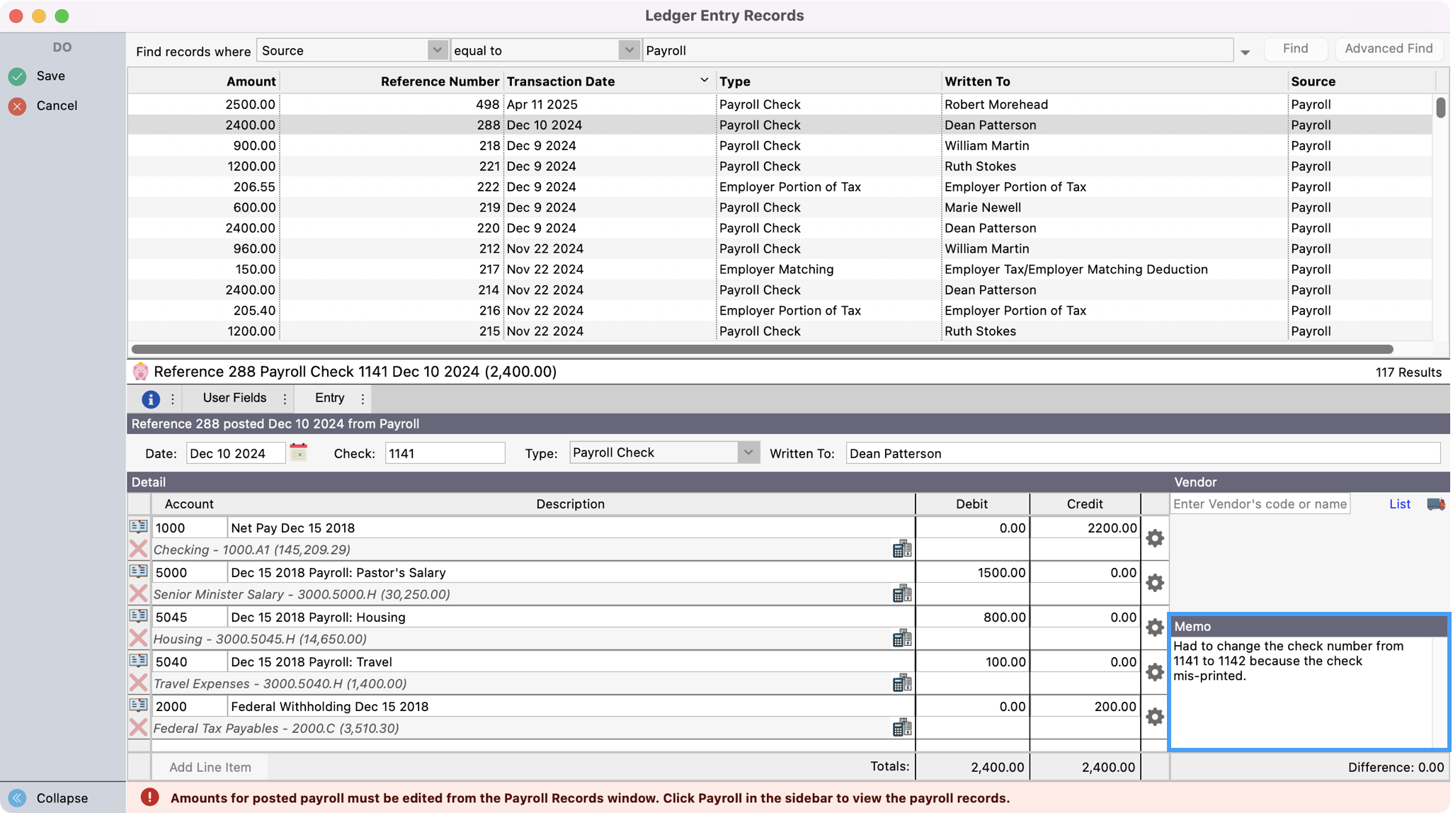 Ledger Entry Records window with the Memo section highlighted.