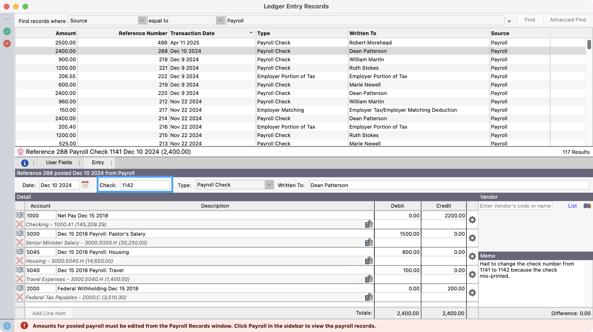 Ledger Entry Records window with the check field highlighted.