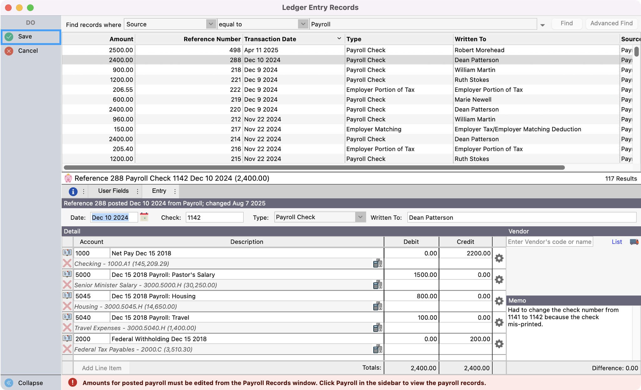 Ledger Entry Record window with Save highlighted in the left sidebar.
