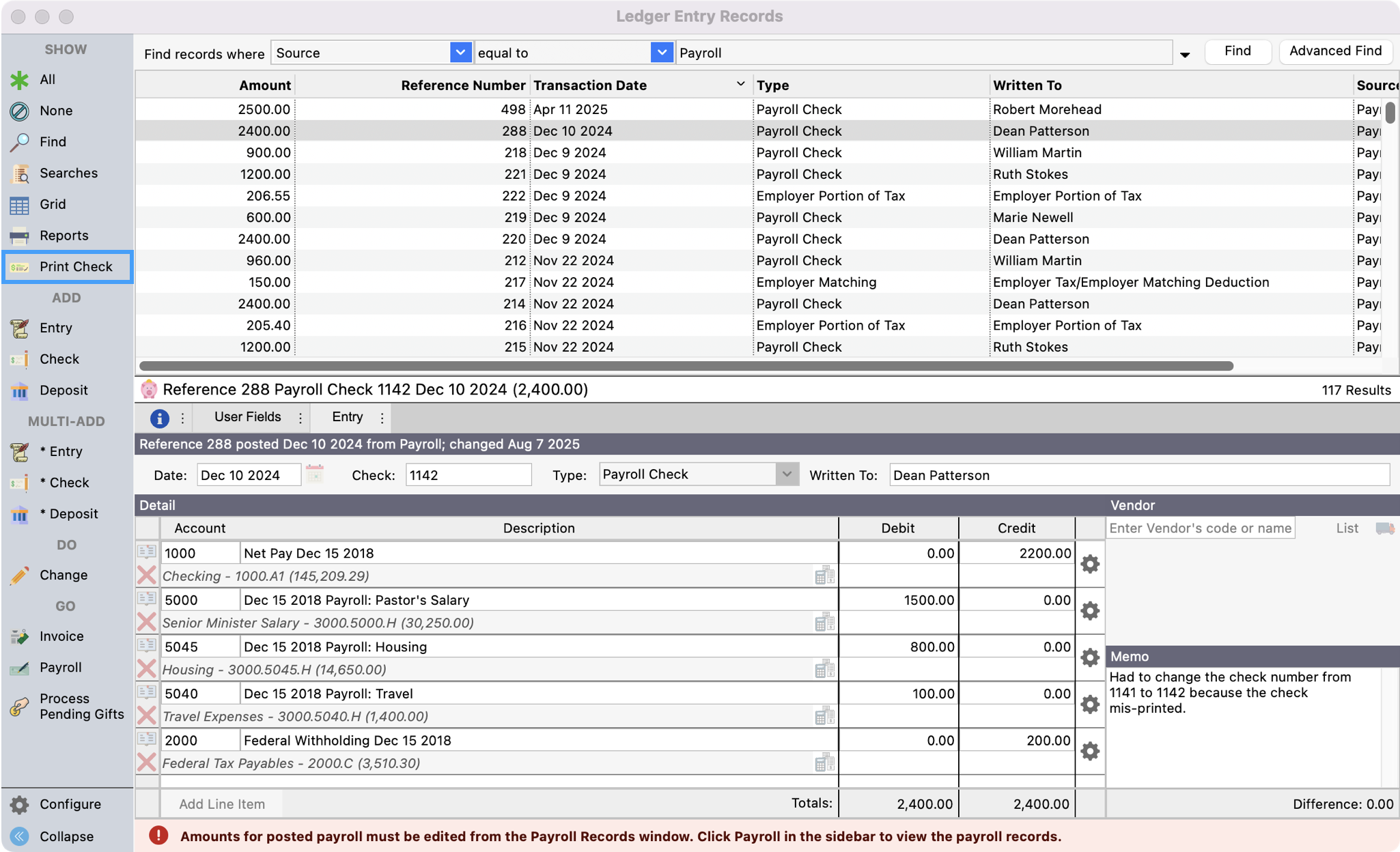Ledger Entry records window with Print Check in the left sidebar highlighted.