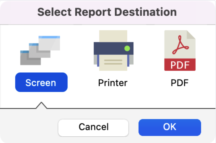 Select Report Destination pop-up window.