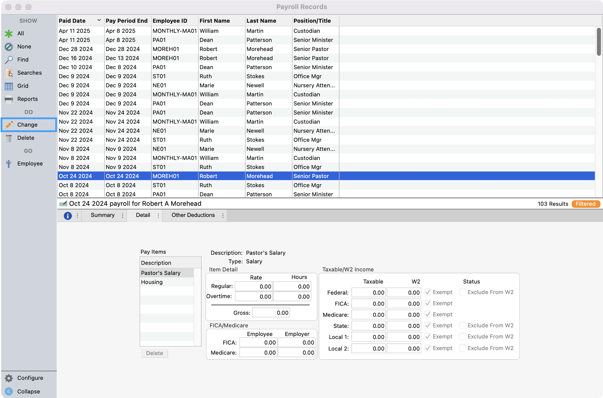 Payroll Records window with a record selected and change highlighted in the left sidebar.