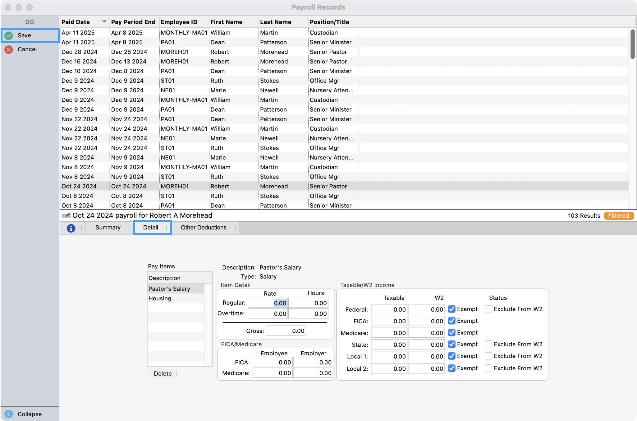Payroll records window in change mode with the Details tab and the save button highlighted.