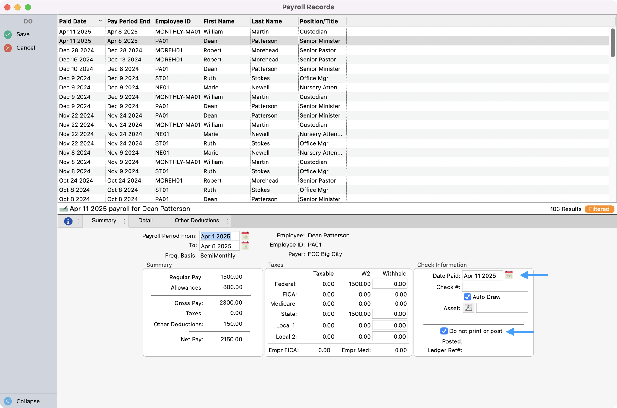 Payroll Records window with an arrow pointing to the Date Paid and Do not print or post checkbox.