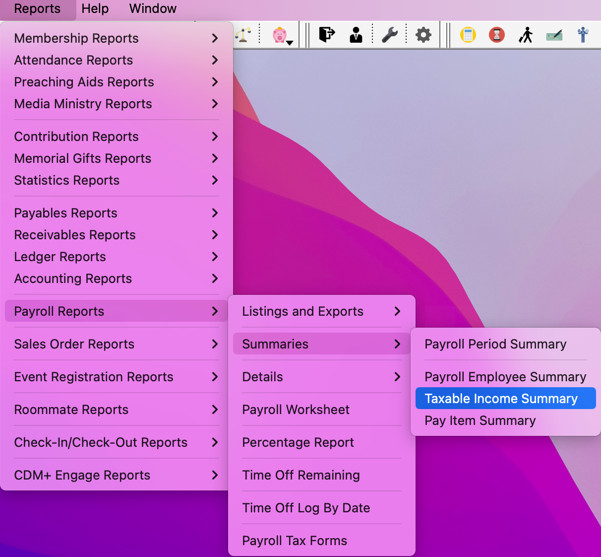 Navigation path to Taxable Income Summary report.