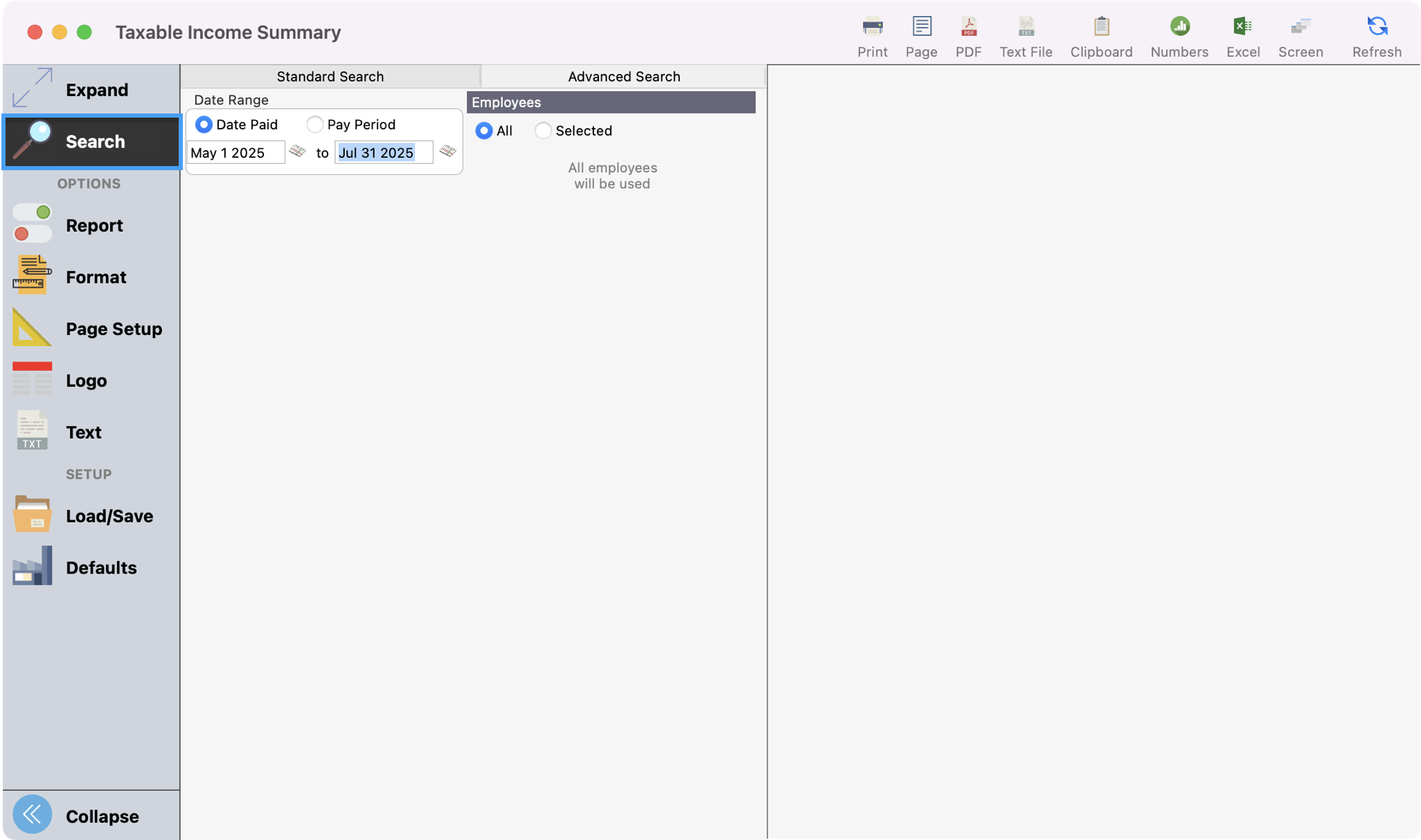 Taxable Income Summary window with Search highlighted in the left sidebar.