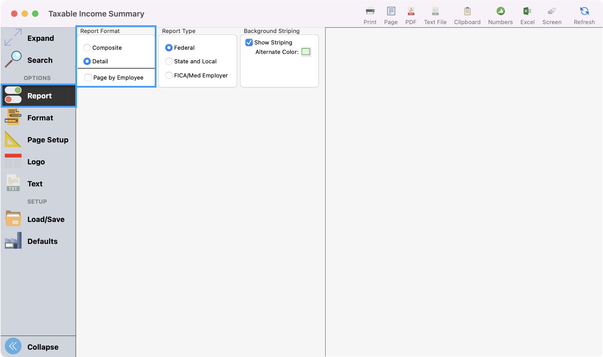 Taxable Income Summary window with Report highlighted in the left sidebar and Report Format Options highlighted