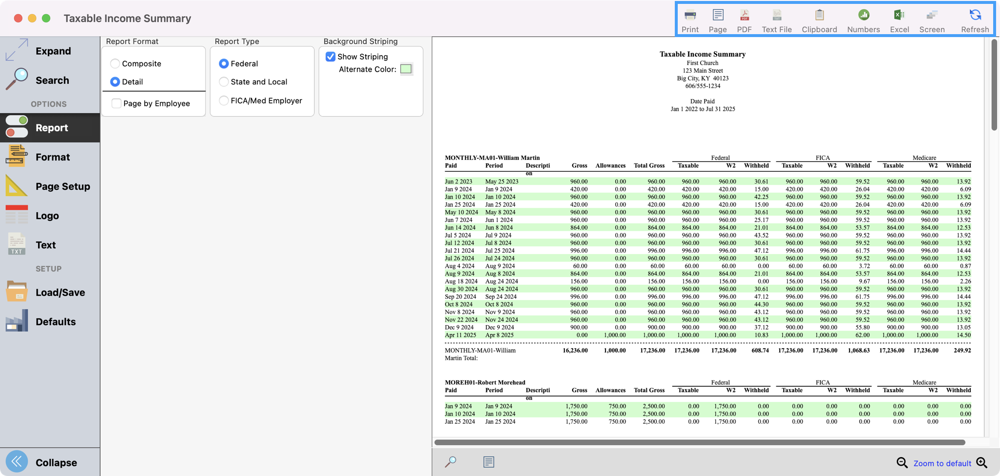 Taxable Income Summary with the Print, Export, and Refresh options highlighted. 