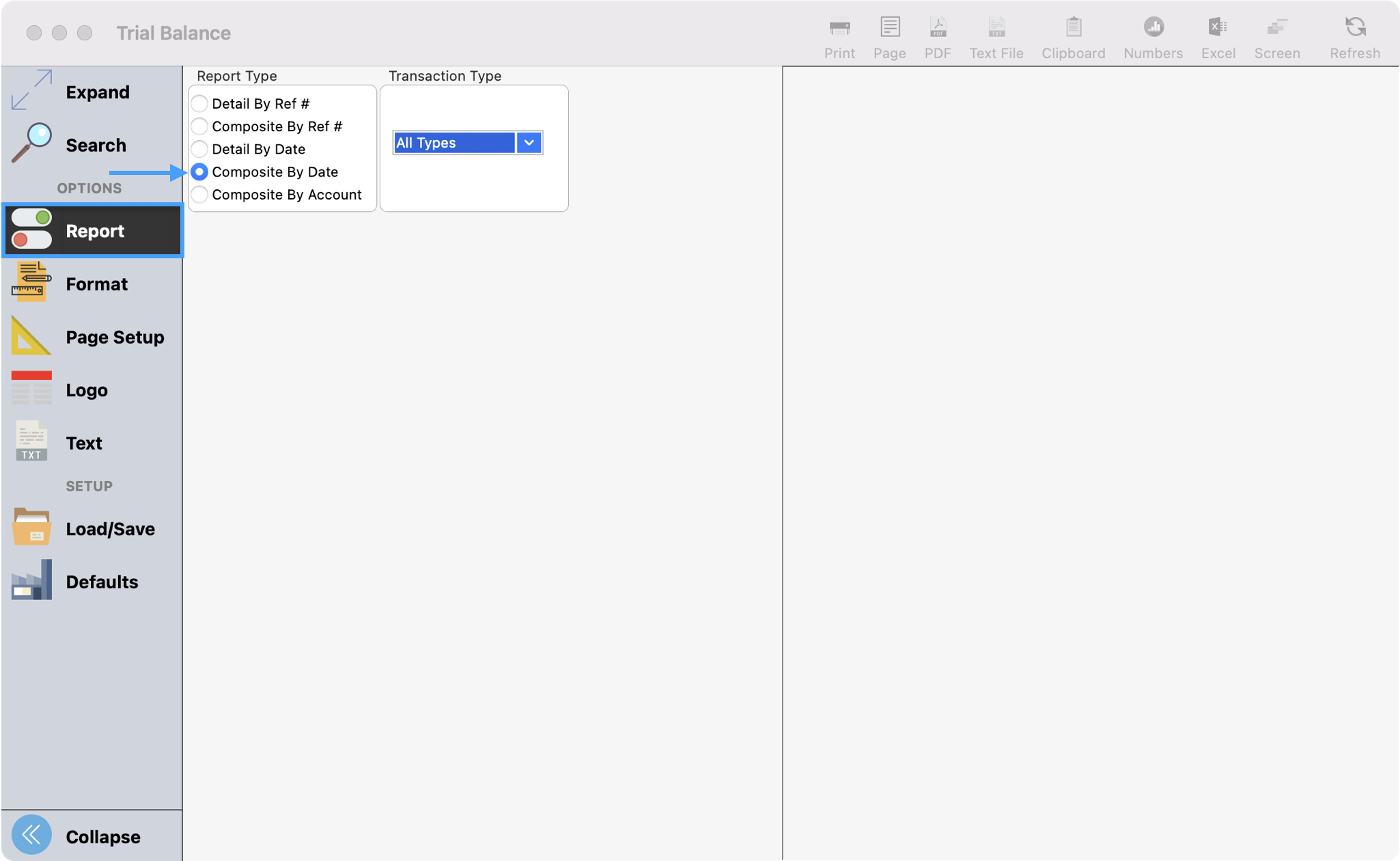 Trial Balance Report window with Report highlighted in the left sidebar and an arrow pointing to the Composite by Date Report Type.