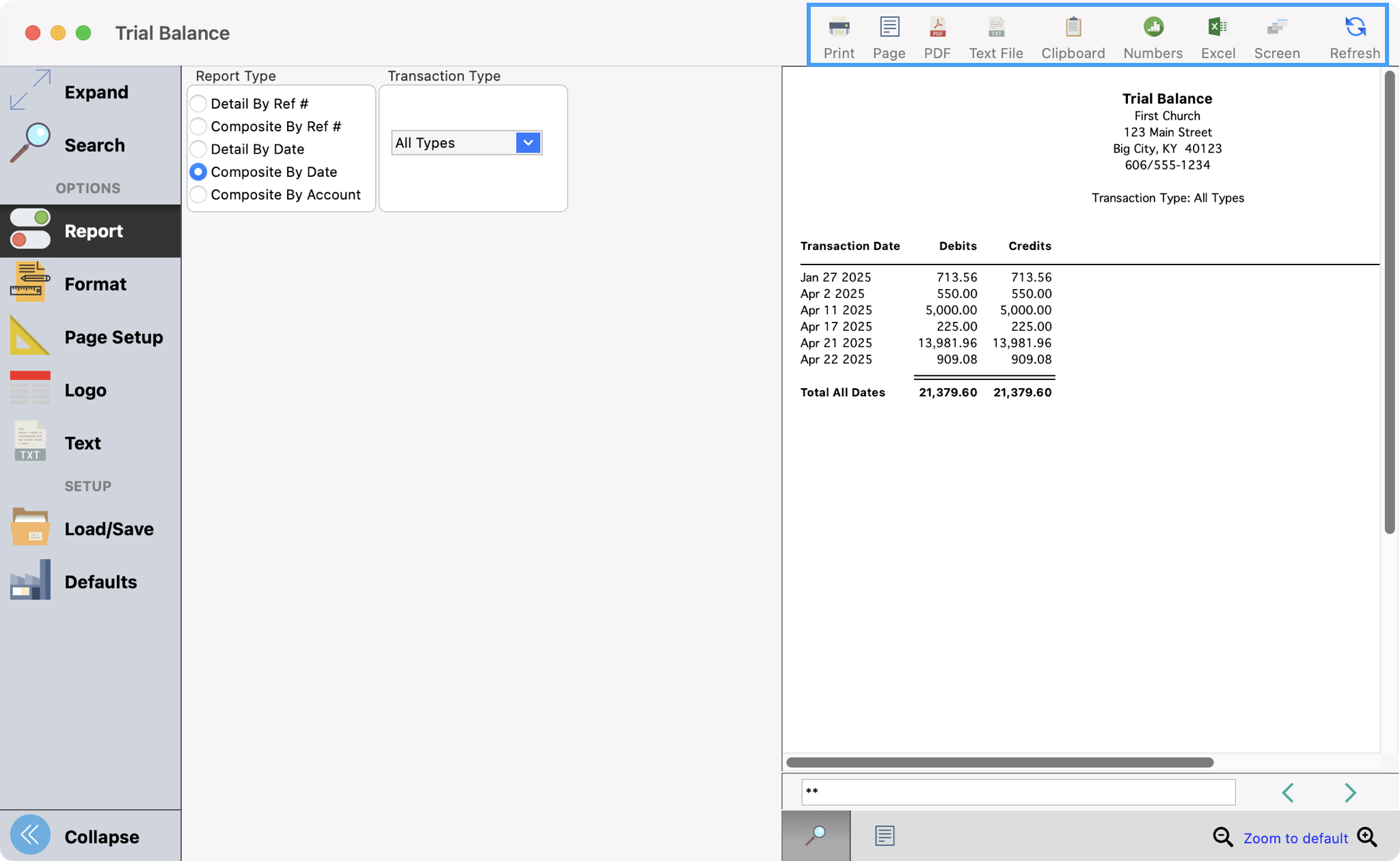 Trial Balance report menu with print, export, and refresh options highlighted. 